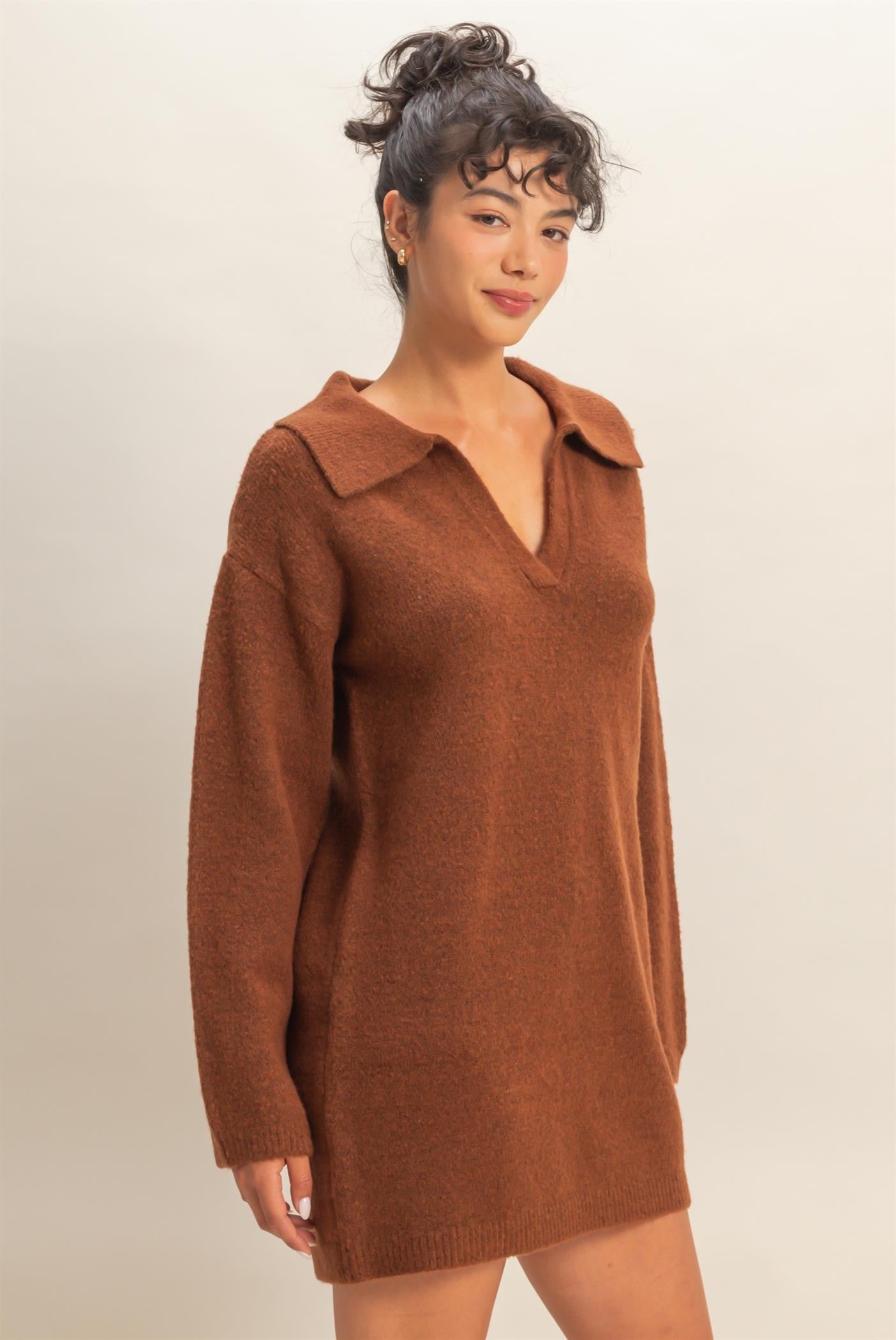 Polo Long Sleeve Sweater Dress in Chestnut