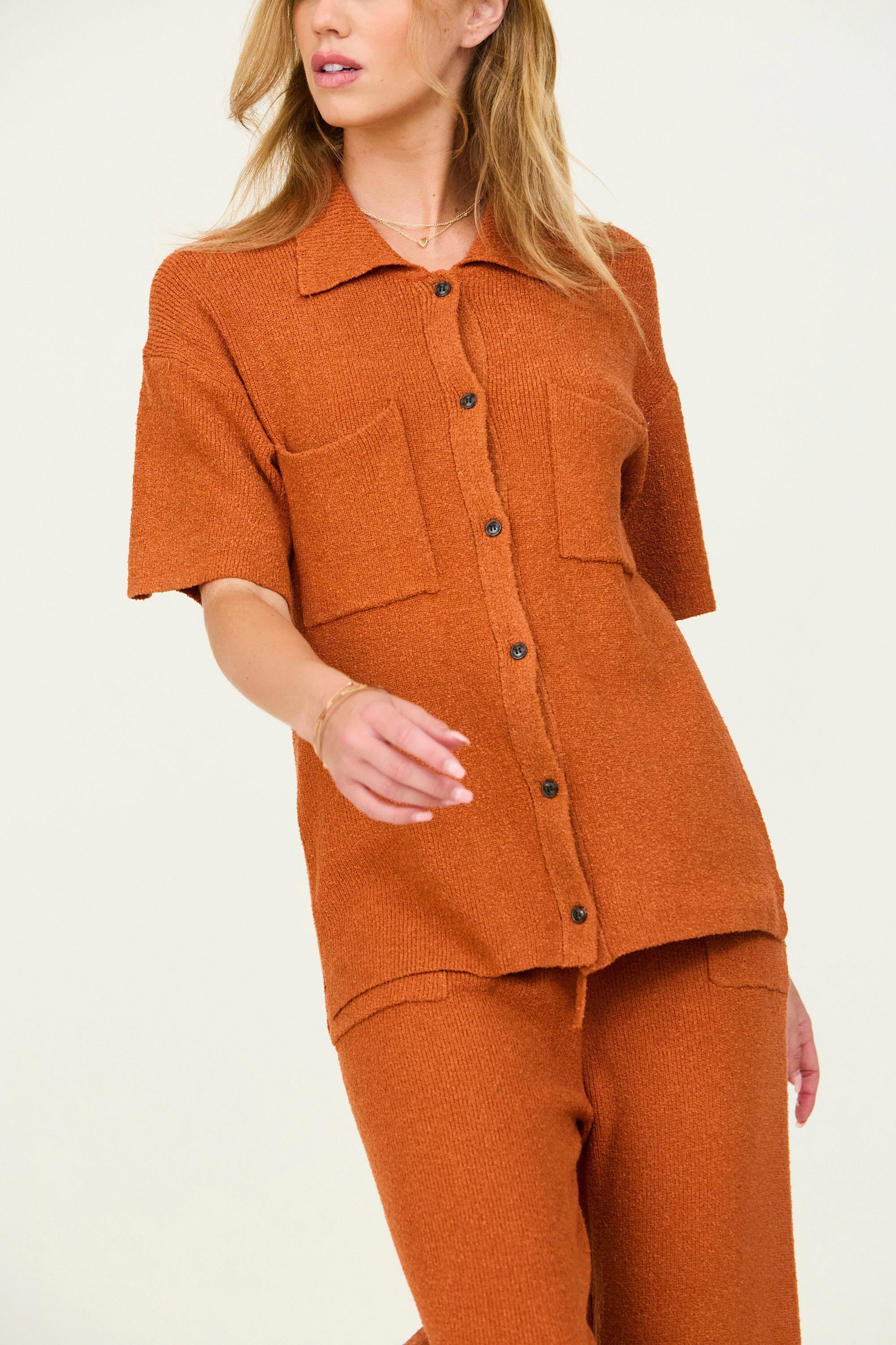 Button Down Collar Sweater in Ginger