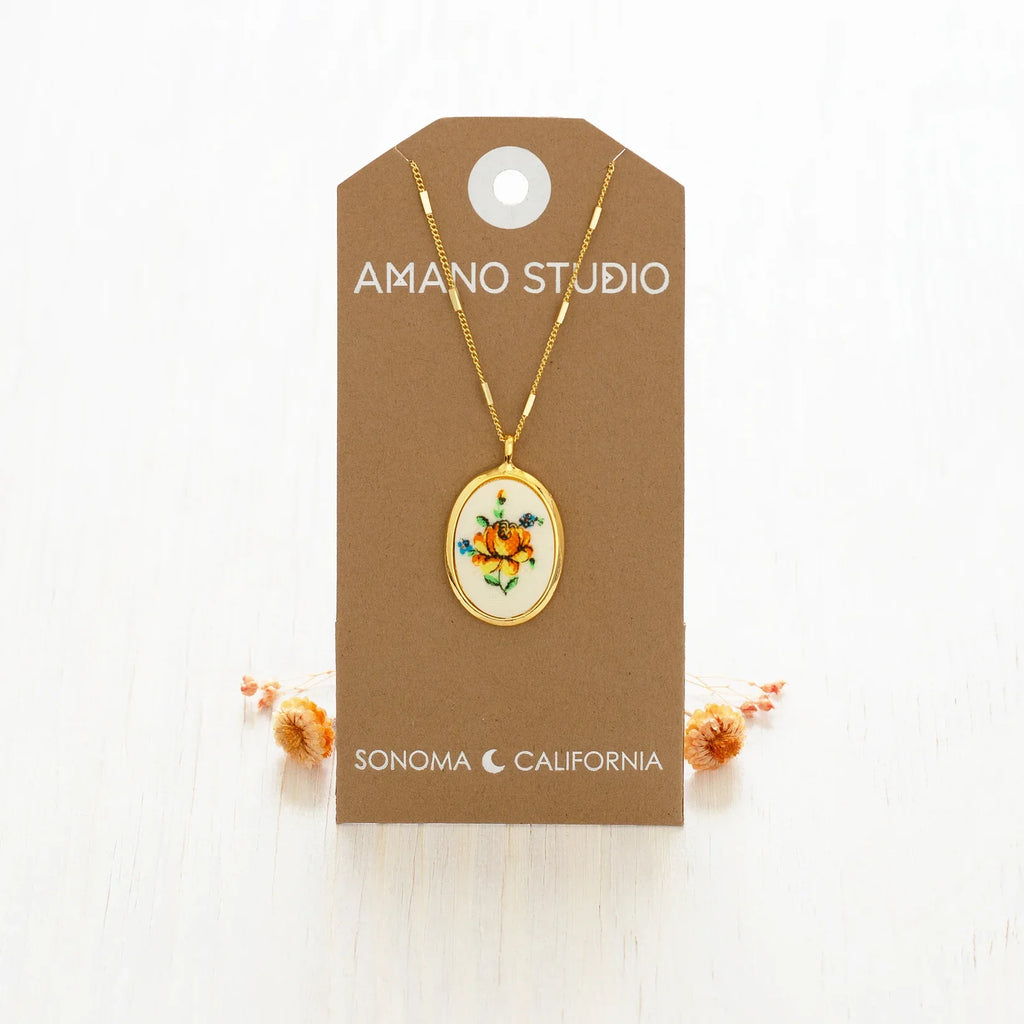 Needlepoint Flower Vintage Cameo Necklace