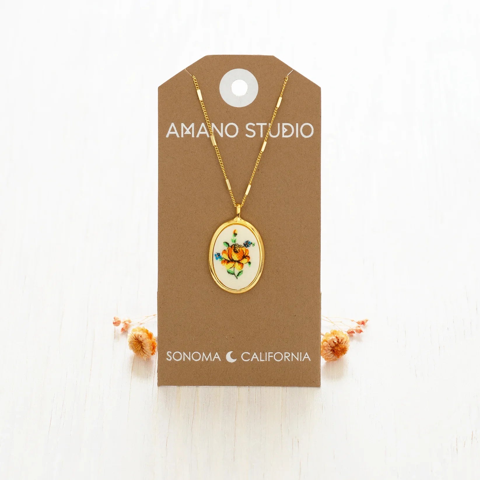 Needlepoint Flower Vintage Cameo Necklace