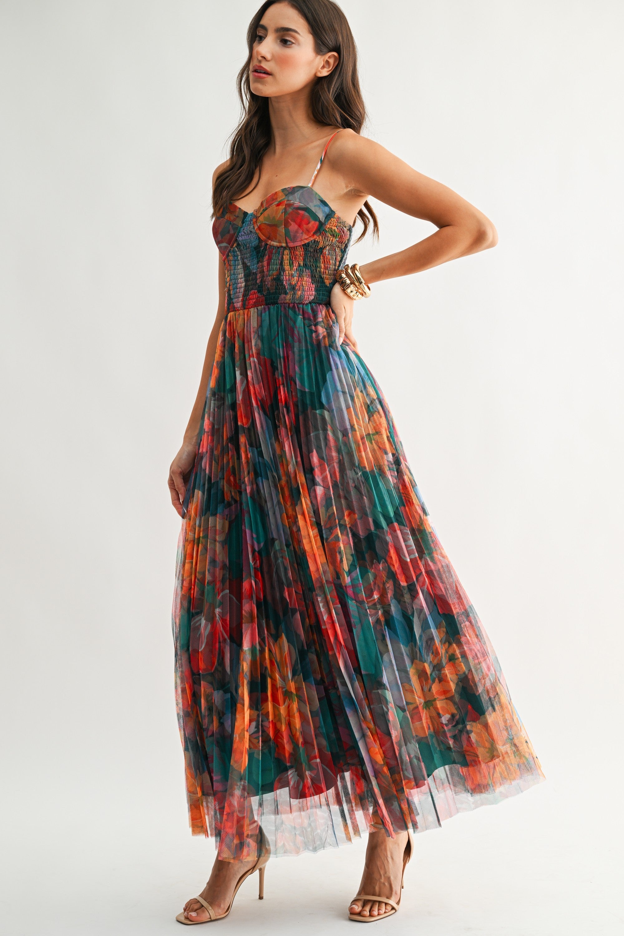 Pleated Floral Tulle Maxi Dress in Multi Orange