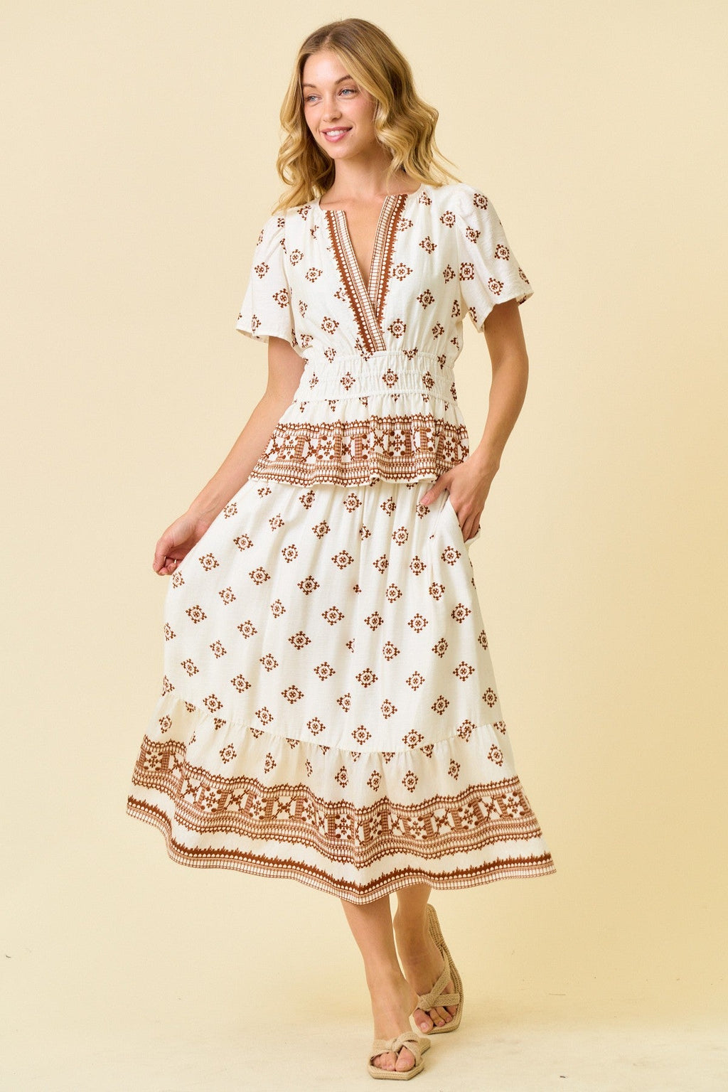 Border Print Smocked Waist Top