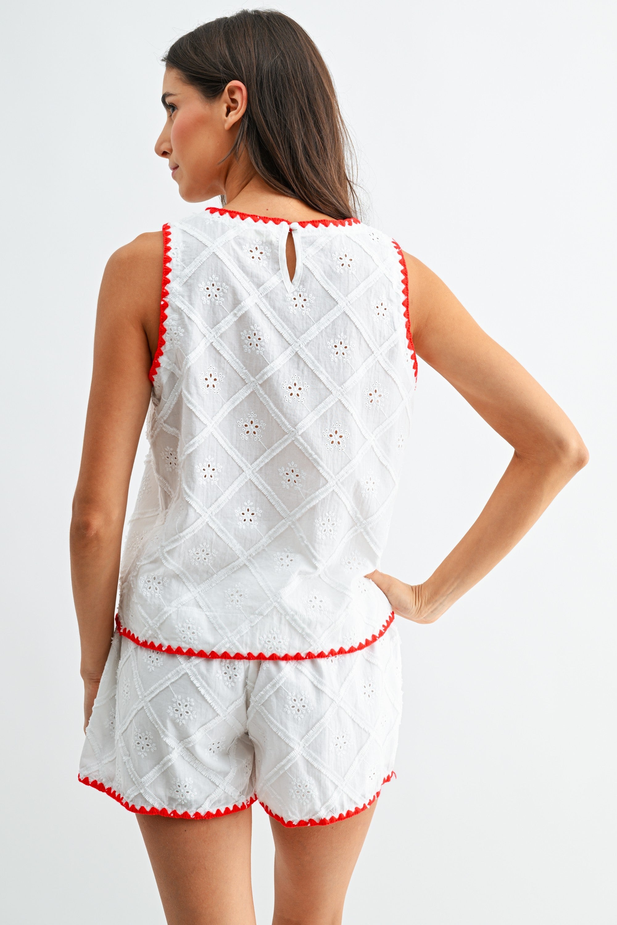 White Eyelet Red Trim Crop Top and Shorts Set