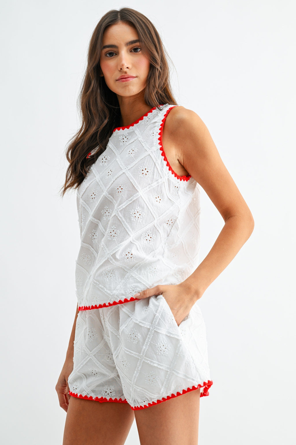 White Eyelet Red Trim Crop Top and Shorts Set