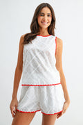 White Eyelet Red Trim Crop Top and Shorts Set