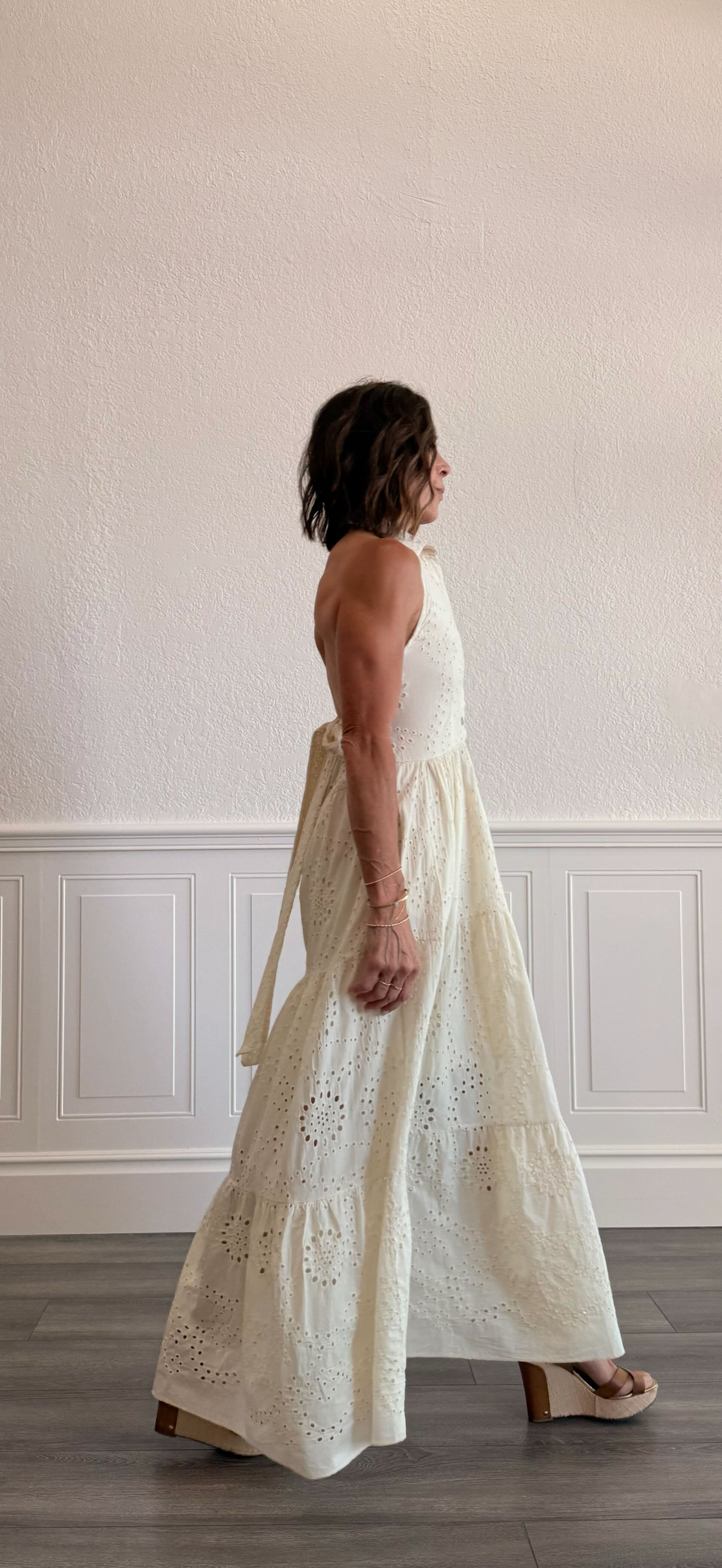 Eyelet Halter Maxi Dress in Butter