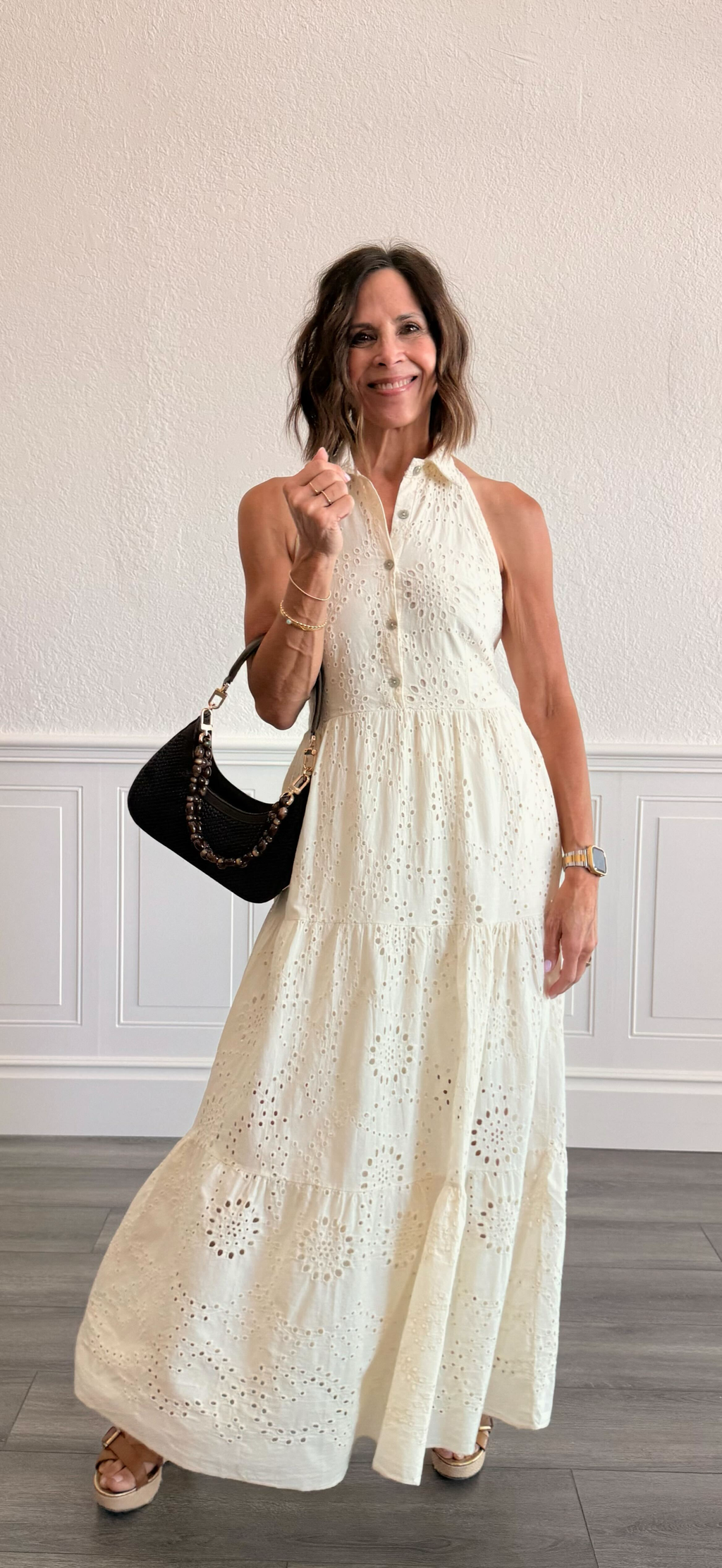 Eyelet Halter Maxi Dress in Butter