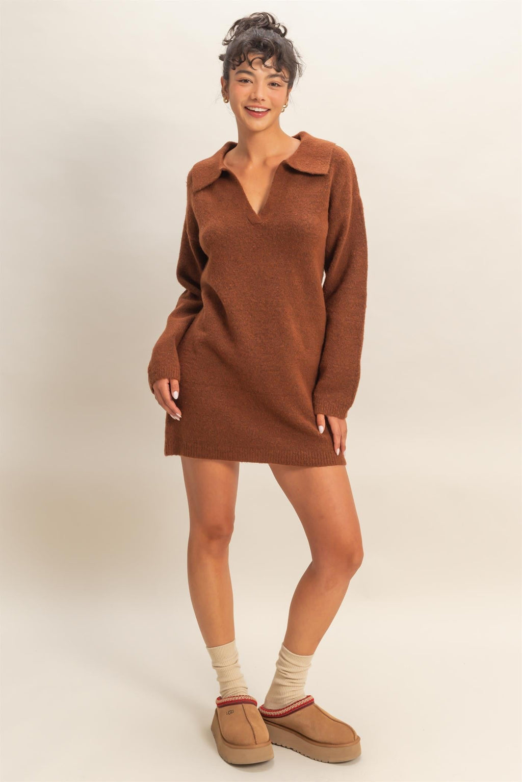 Polo Long Sleeve Sweater Dress in Chestnut