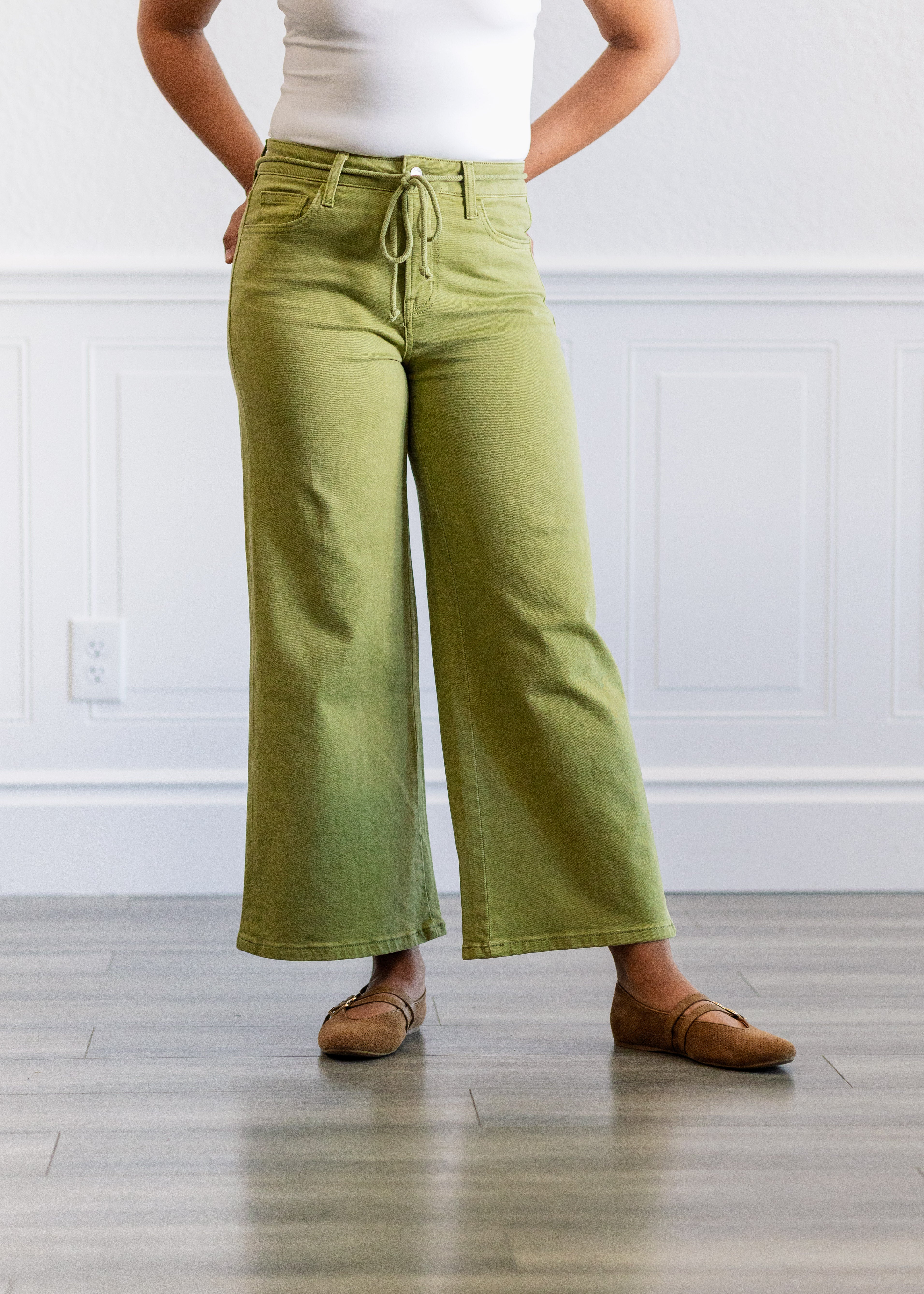 High Rise Drawstring Crop Wide Pants in Eucalyptus