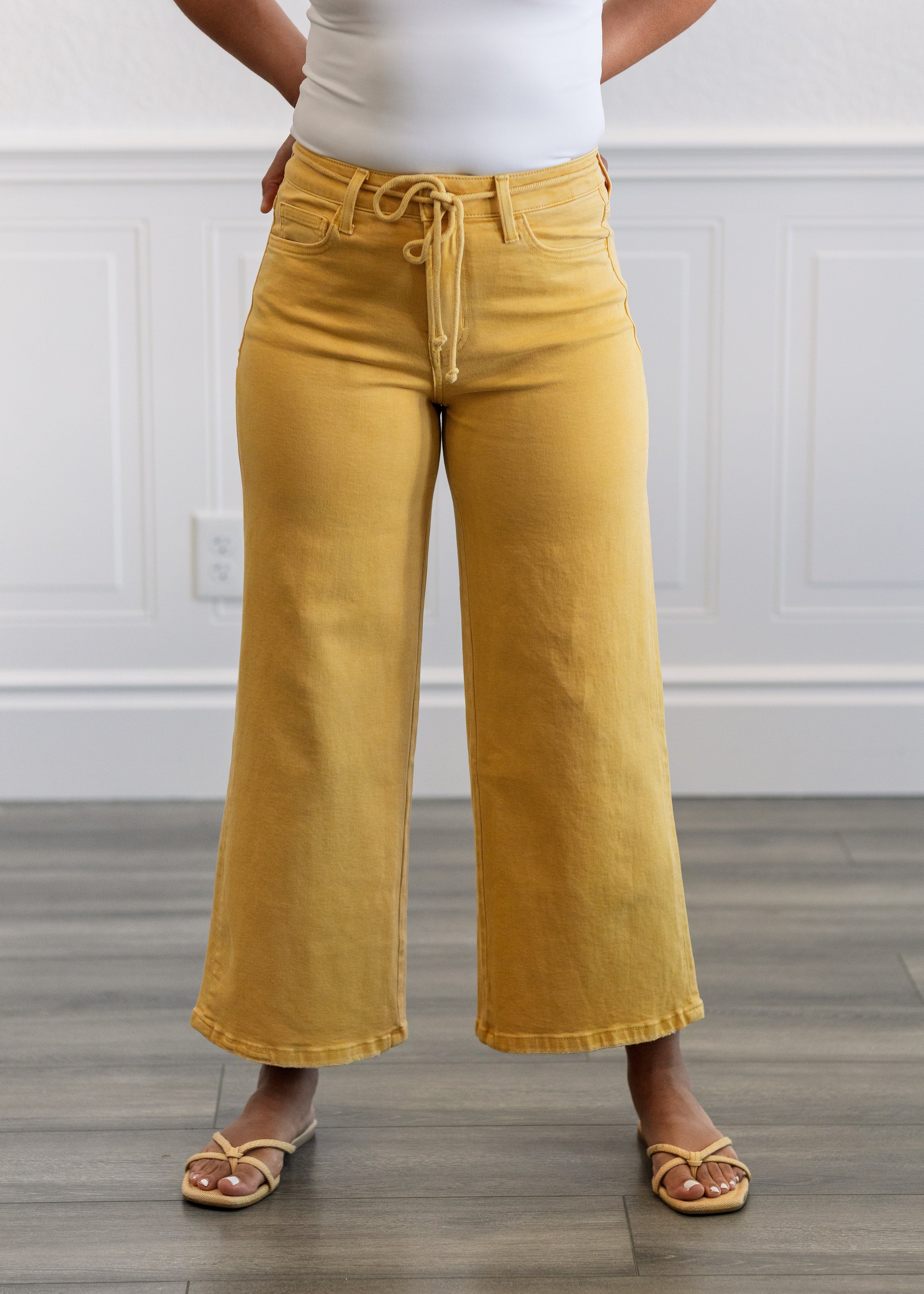 High Rise Drawstring Crop Wide Pants in Marigold