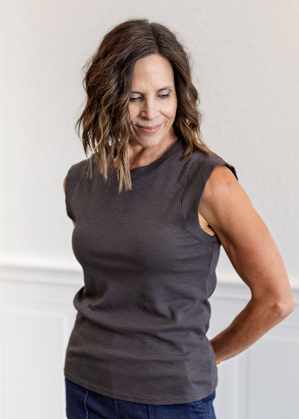 Crew Neck Cap Sleeve Tank Top
