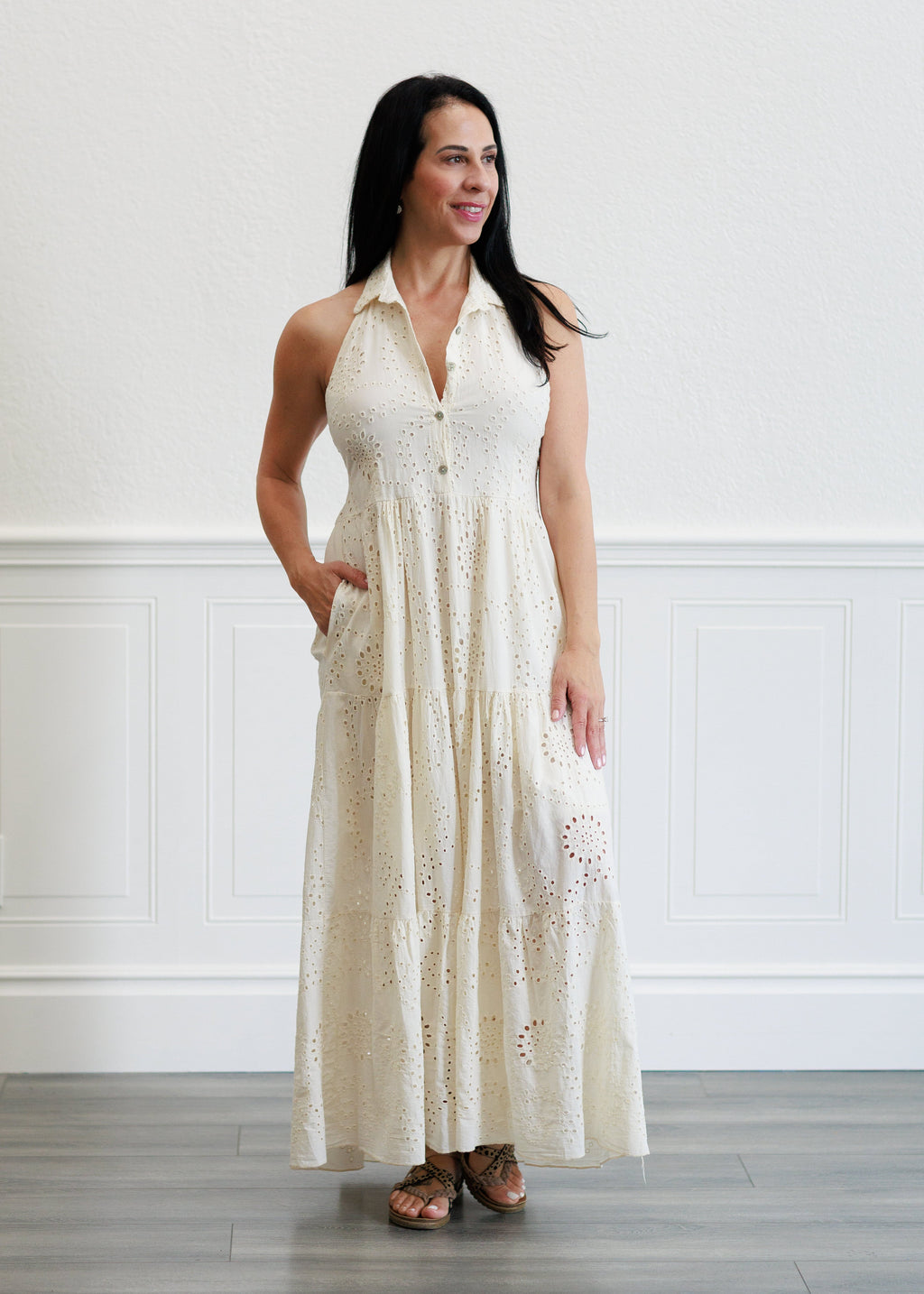 Eyelet Halter Maxi Dress in Butter