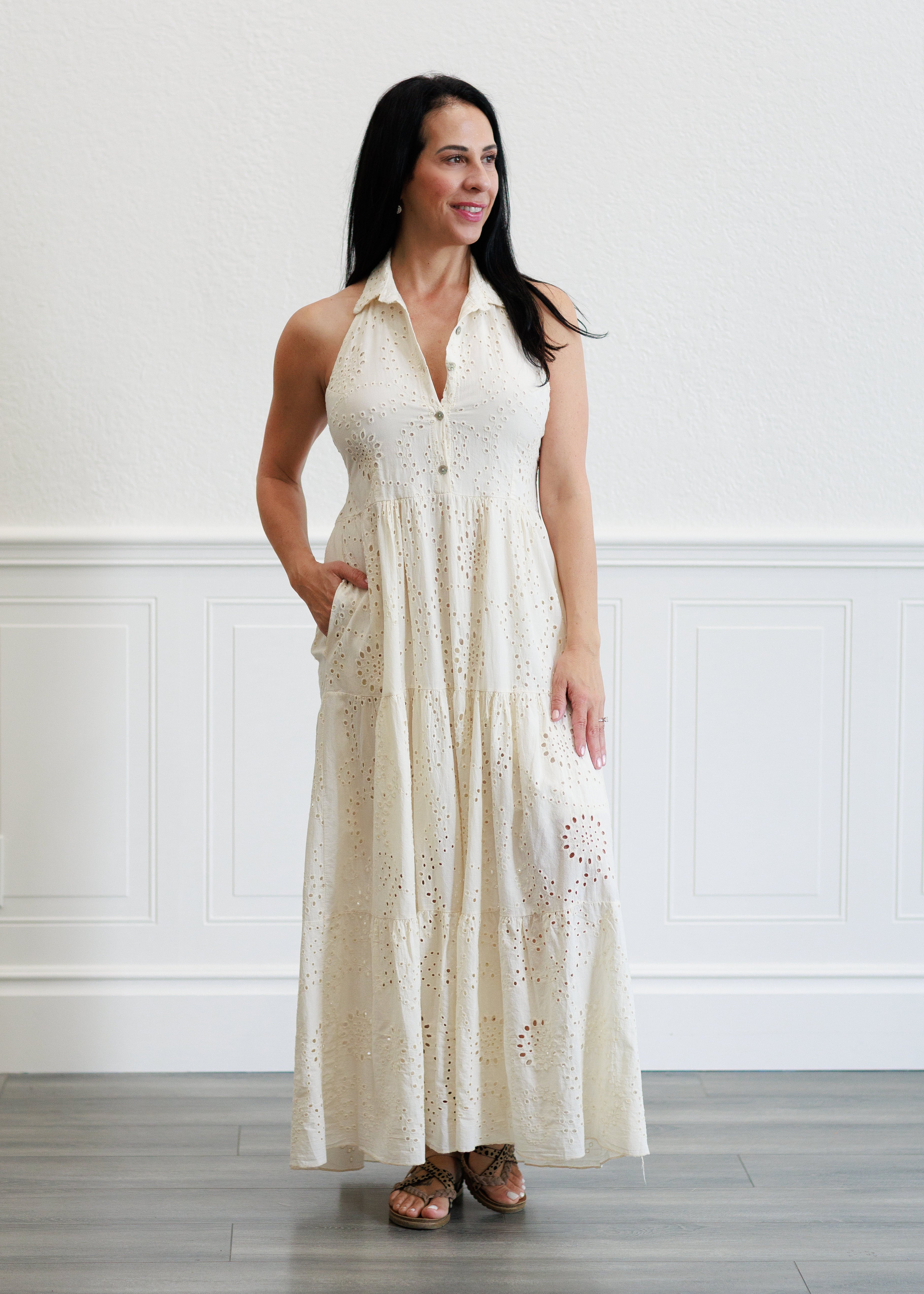 Eyelet Halter Maxi Dress in Butter