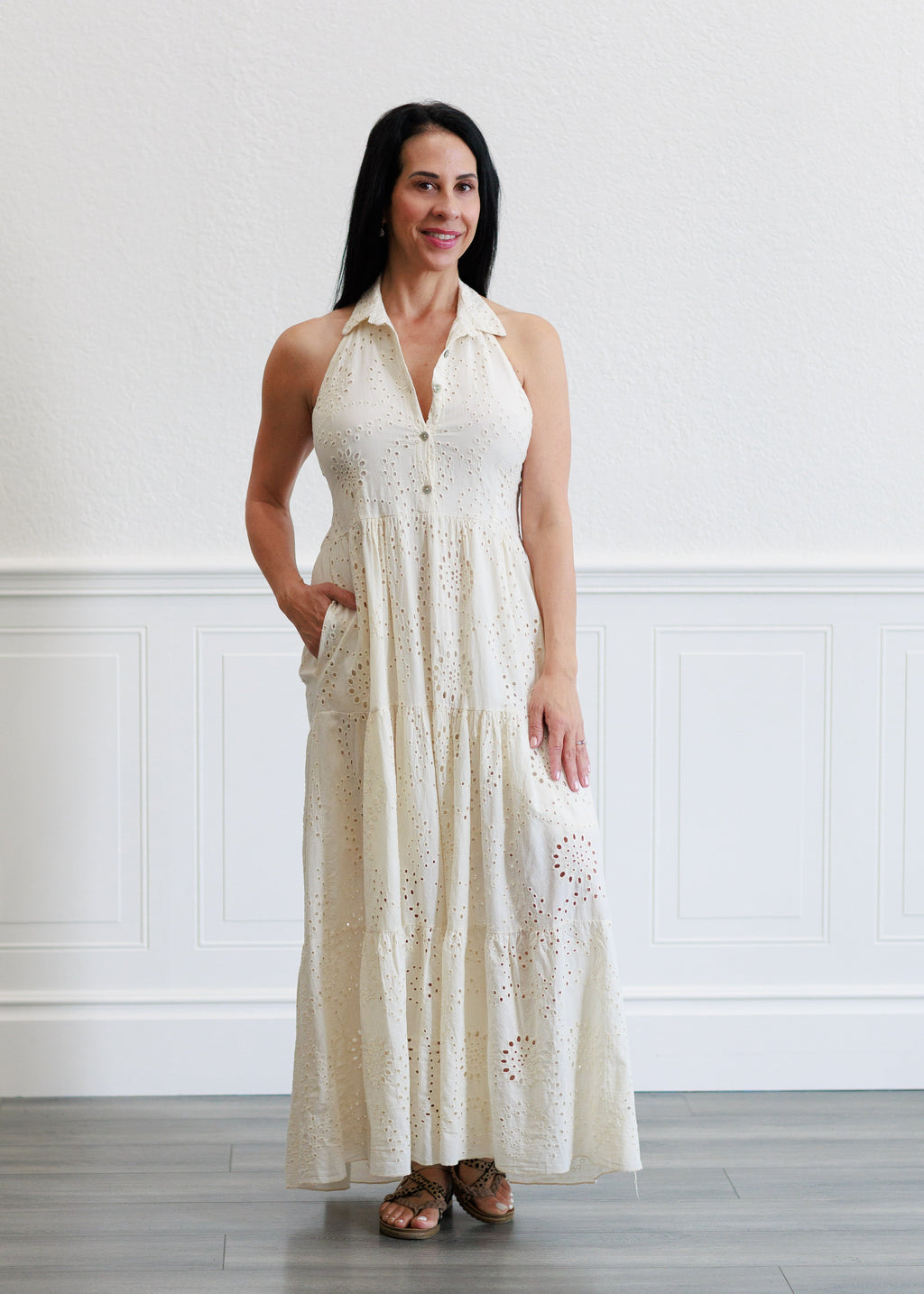 Eyelet Halter Maxi Dress in Butter