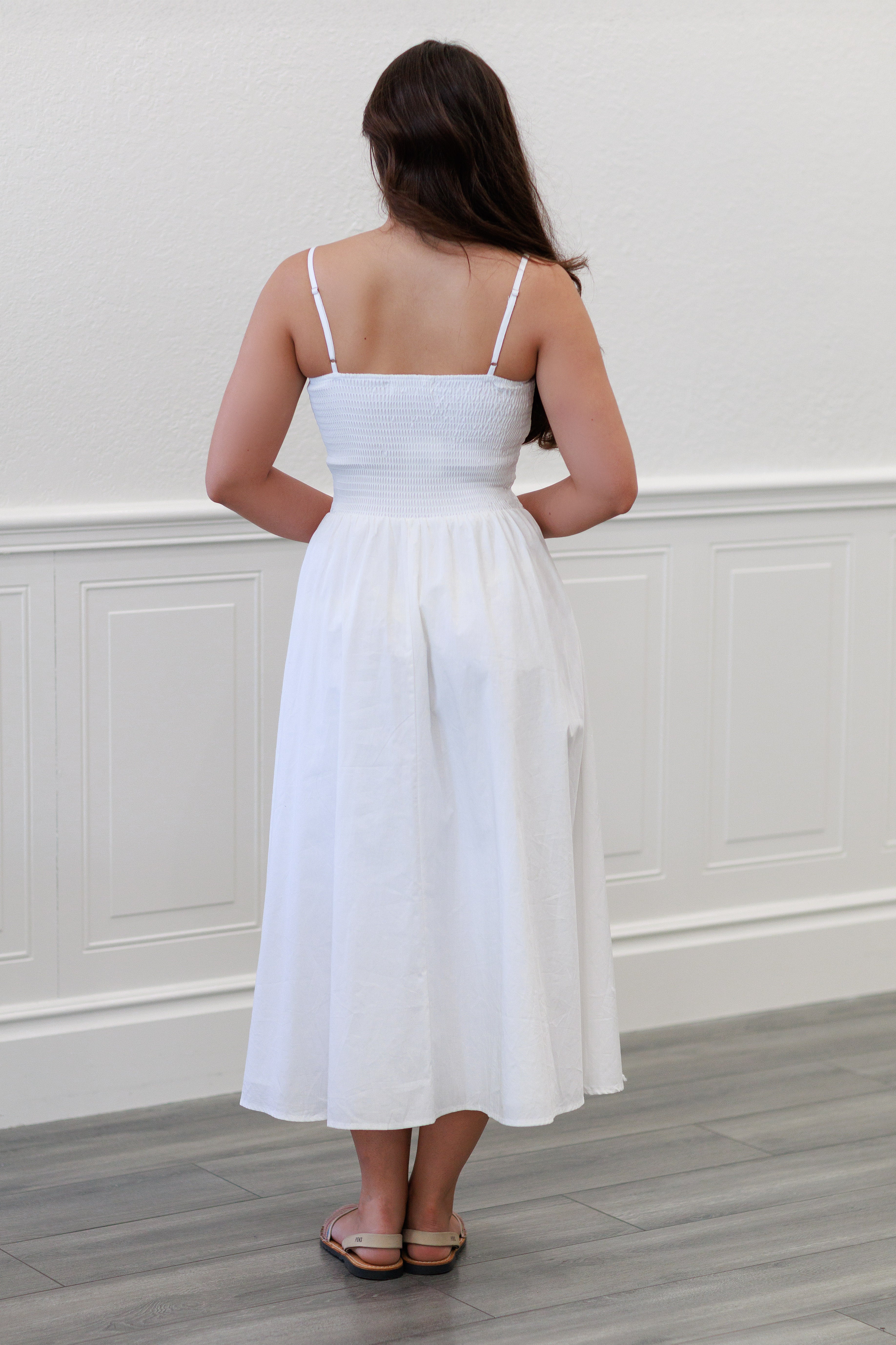 Smocked Cotton Maxi Dress in White