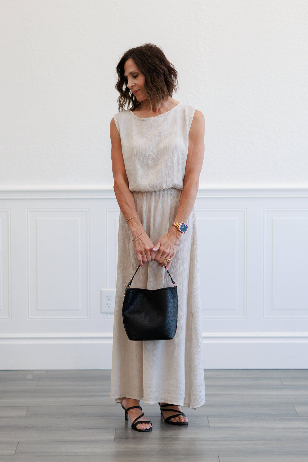 Beige Crinkle Gauze Elastic Waist Maxi Skirt