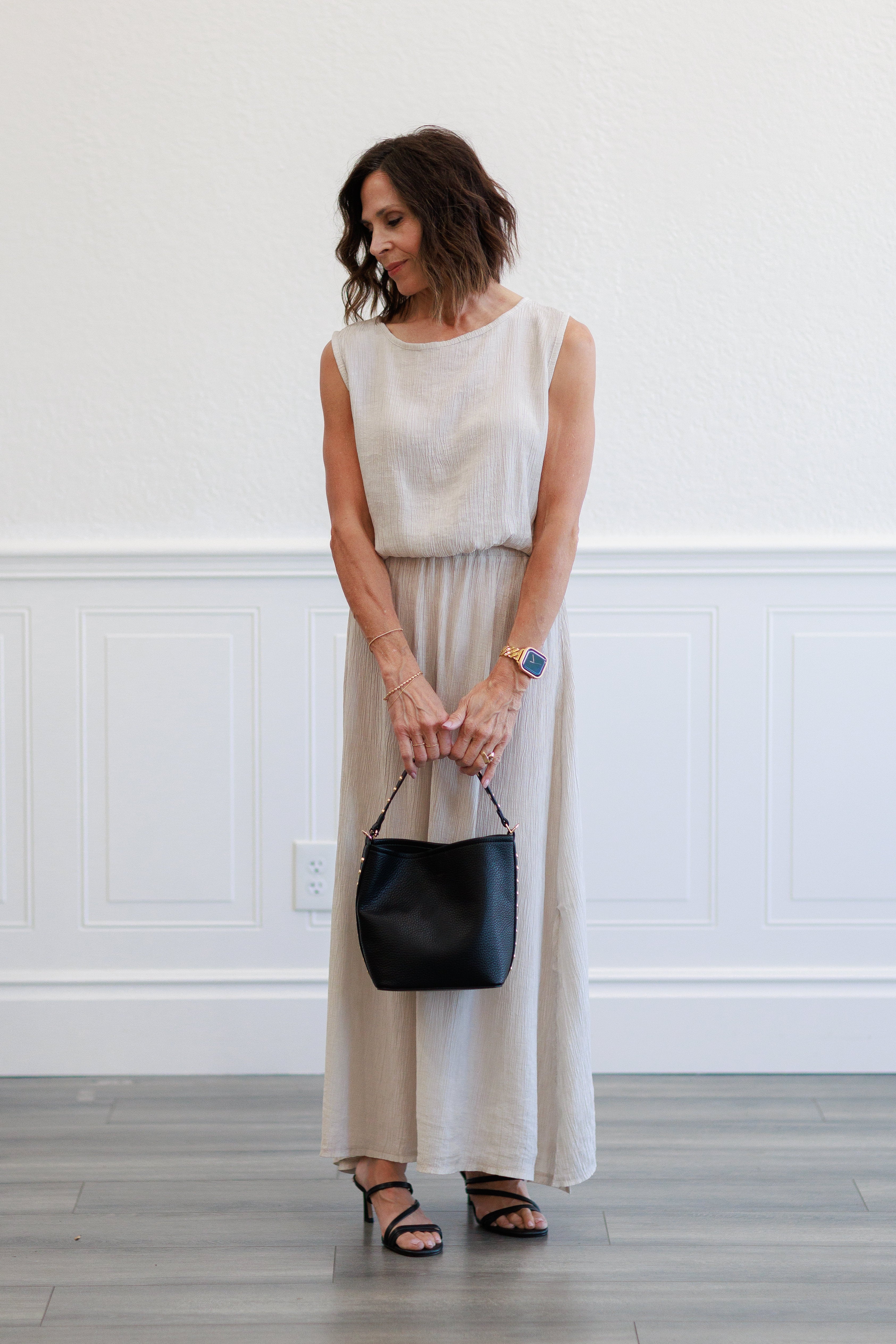 Beige Crinkle Gauze Elastic Waist Maxi Skirt