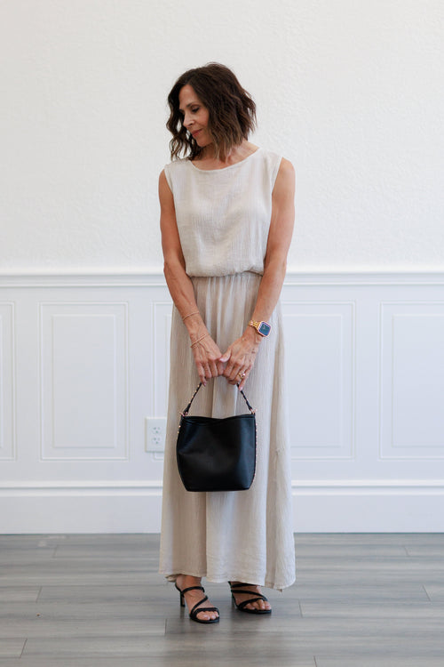 Beige Crinkle Gauze Elastic Waist Maxi Skirt