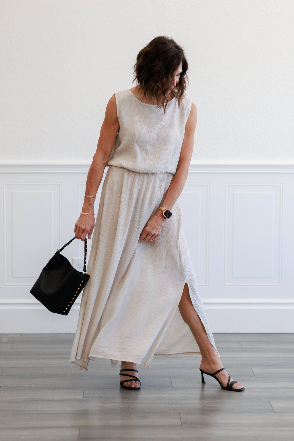 Beige Crinkle Gauze Elastic Waist Maxi Skirt