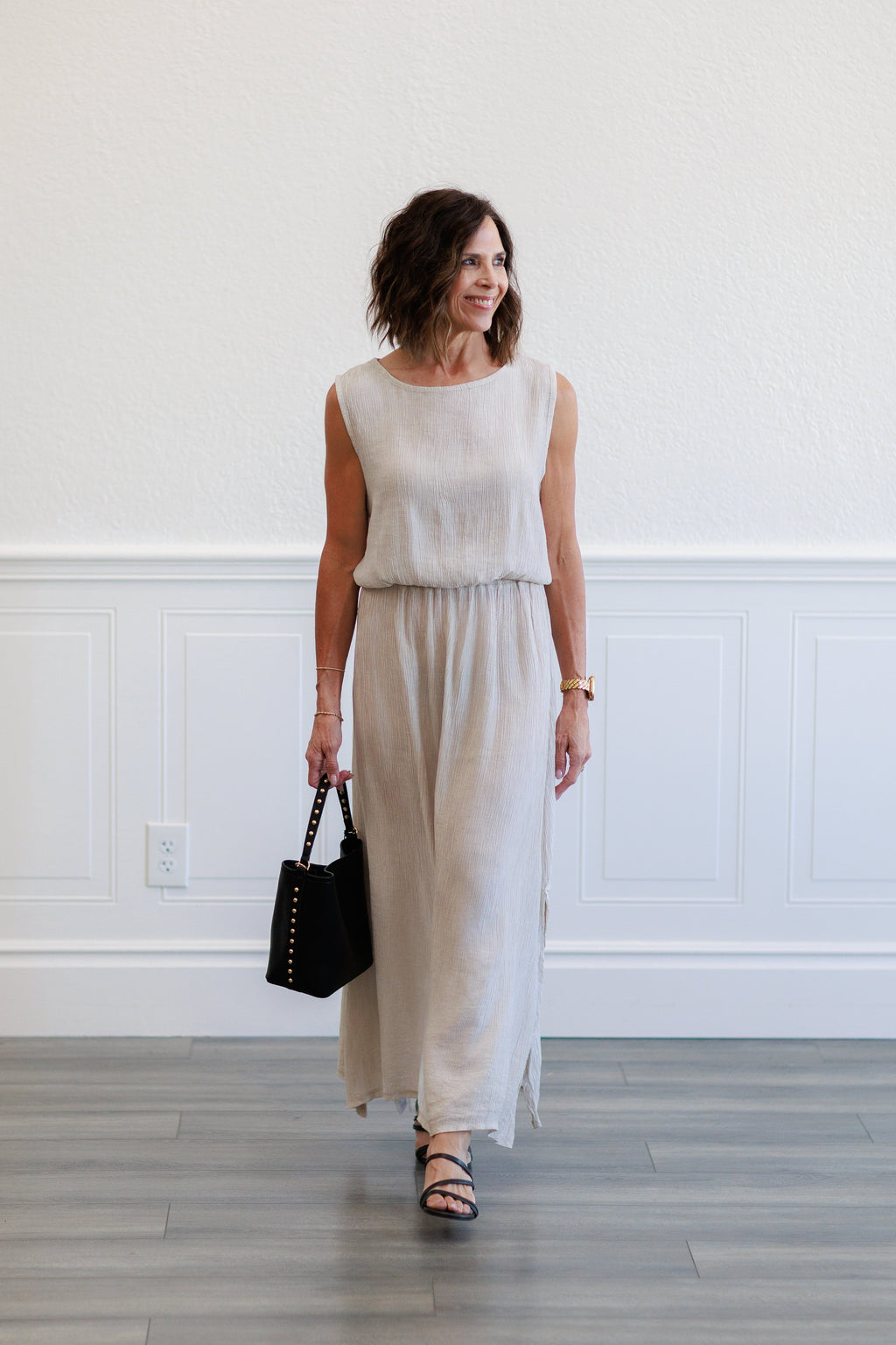 Beige Crinkle Gauze Elastic Waist Maxi Skirt