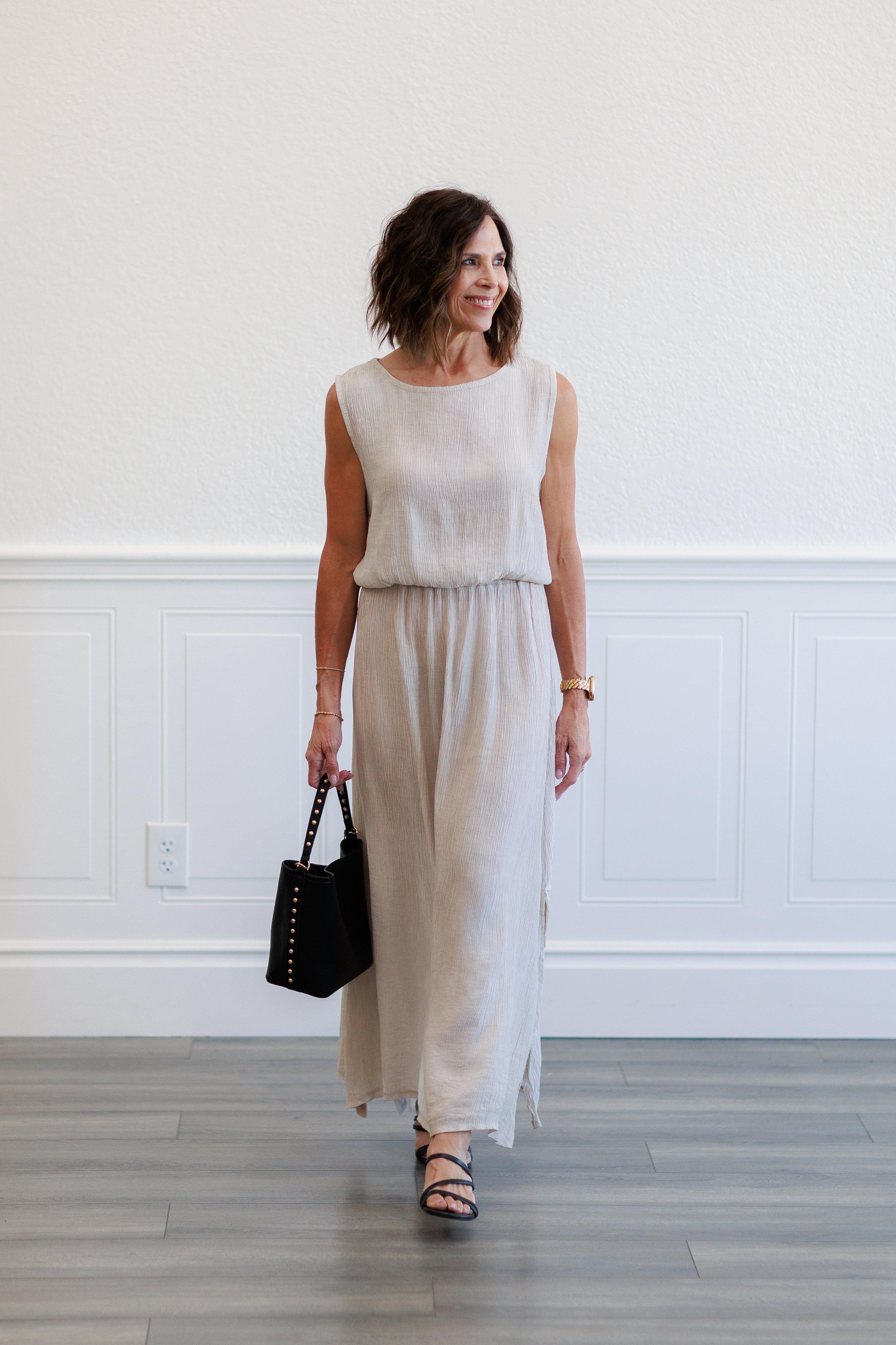 Beige Crinkle Gauze Ruched Trim Sleeveless Top