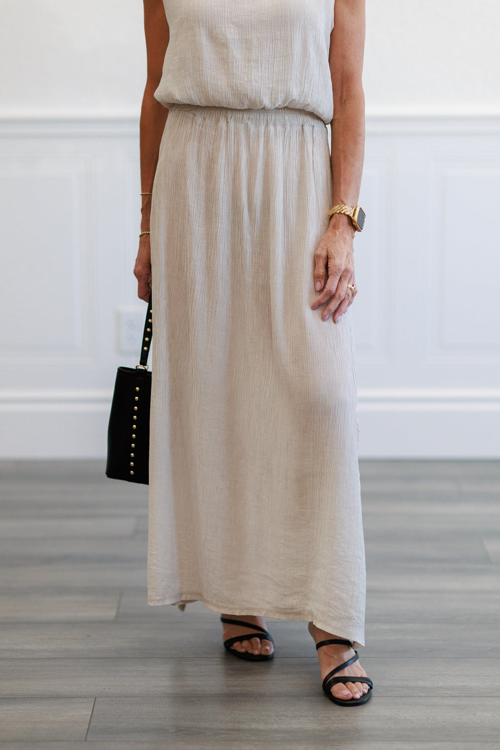 Beige Crinkle Gauze Elastic Waist Maxi Skirt