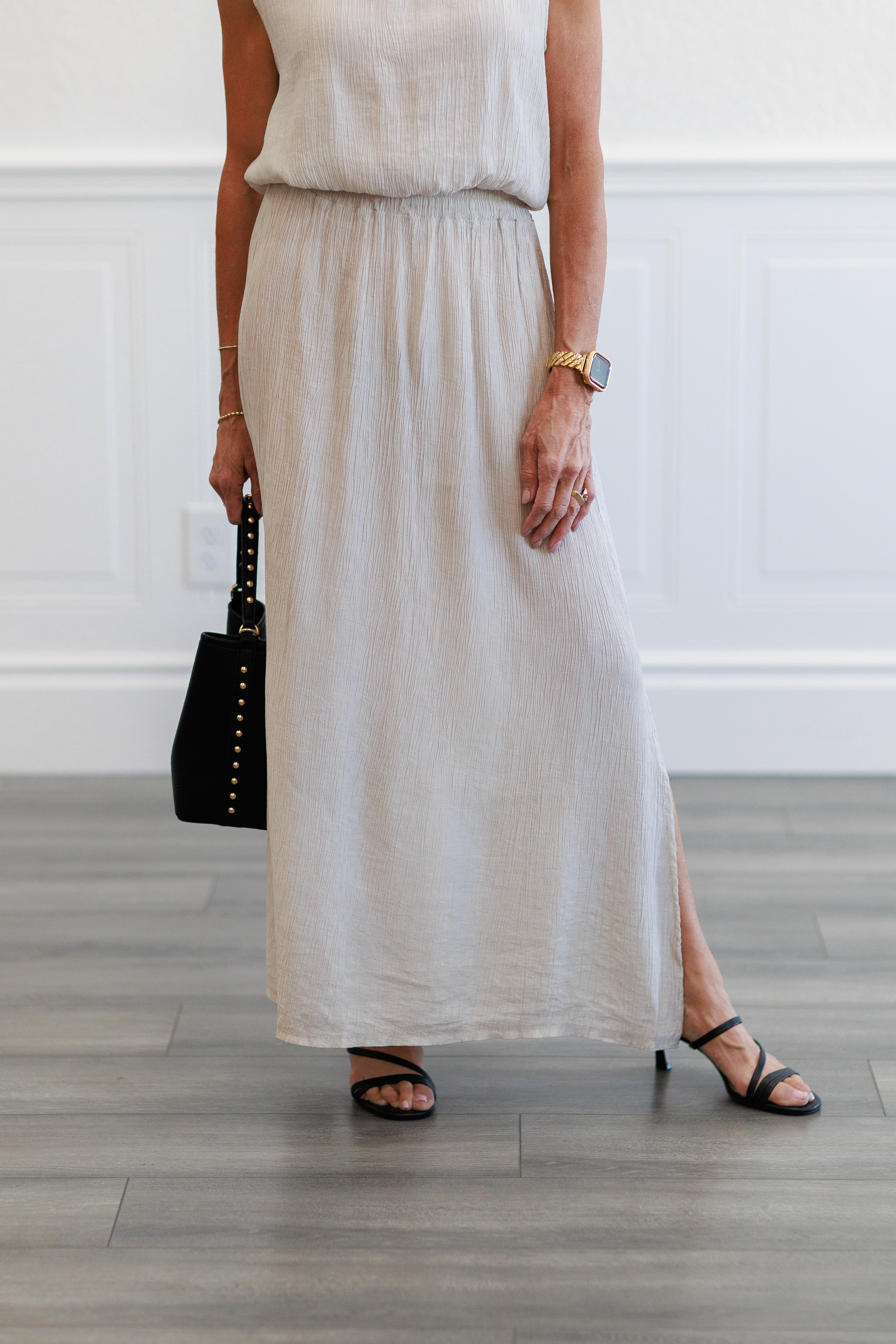 Beige Crinkle Gauze Elastic Waist Maxi Skirt