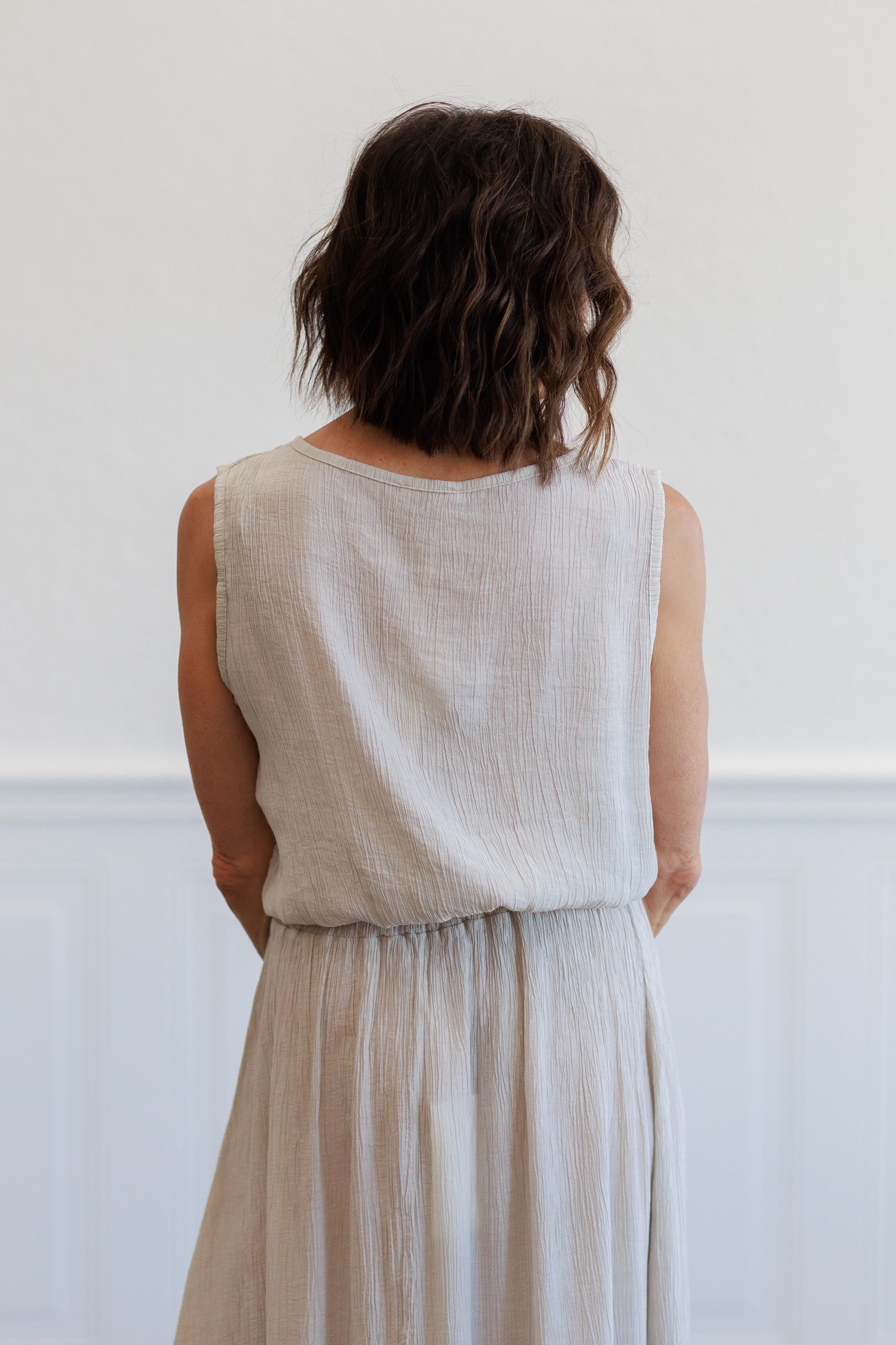 Beige Crinkle Gauze Ruched Trim Sleeveless Top