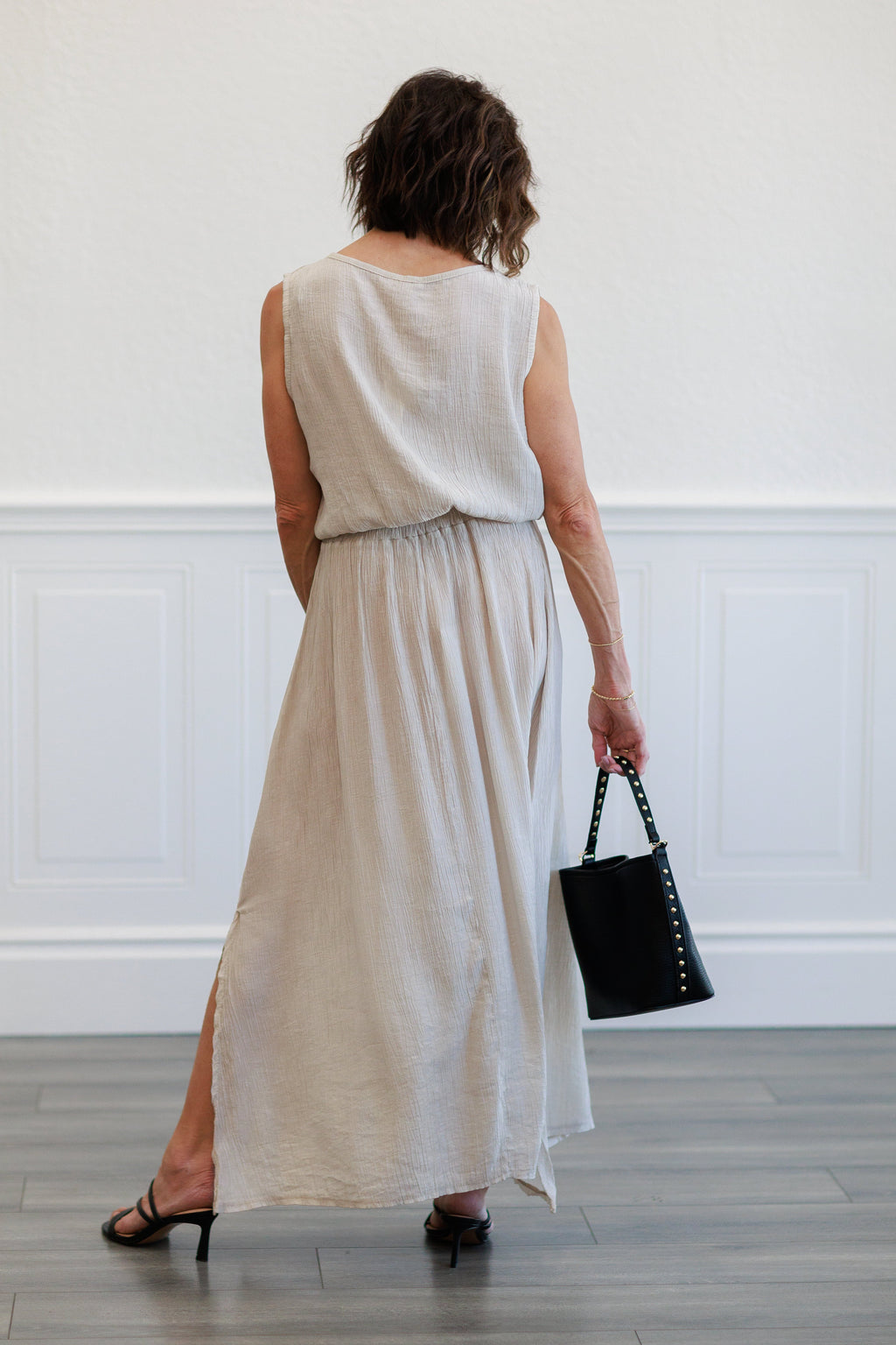 Beige Crinkle Gauze Elastic Waist Maxi Skirt