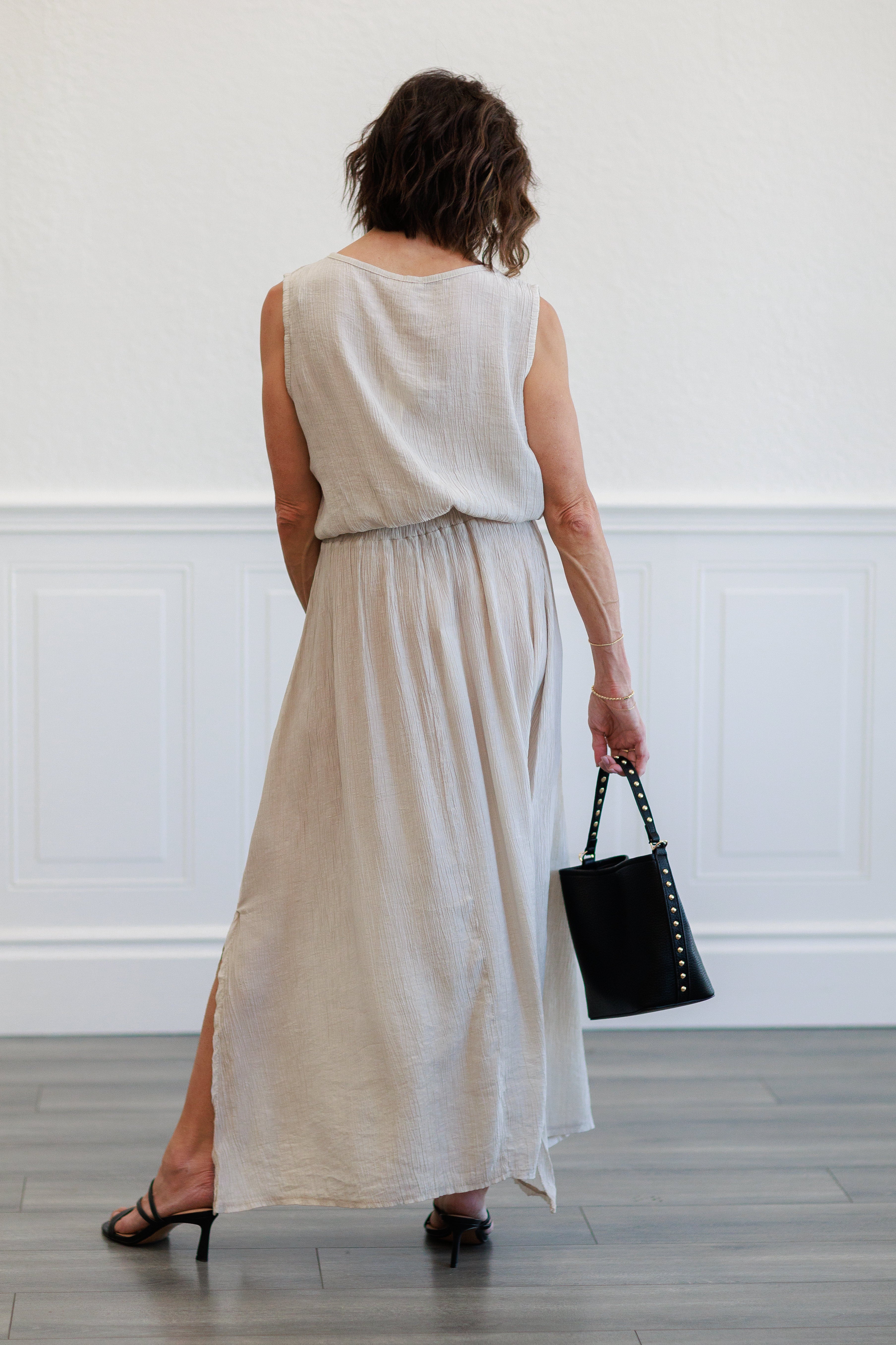 Beige Crinkle Gauze Elastic Waist Maxi Skirt