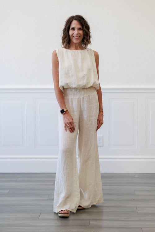 Butter Linen Sleeveless Blouson Top | Elastic Gathered Hem