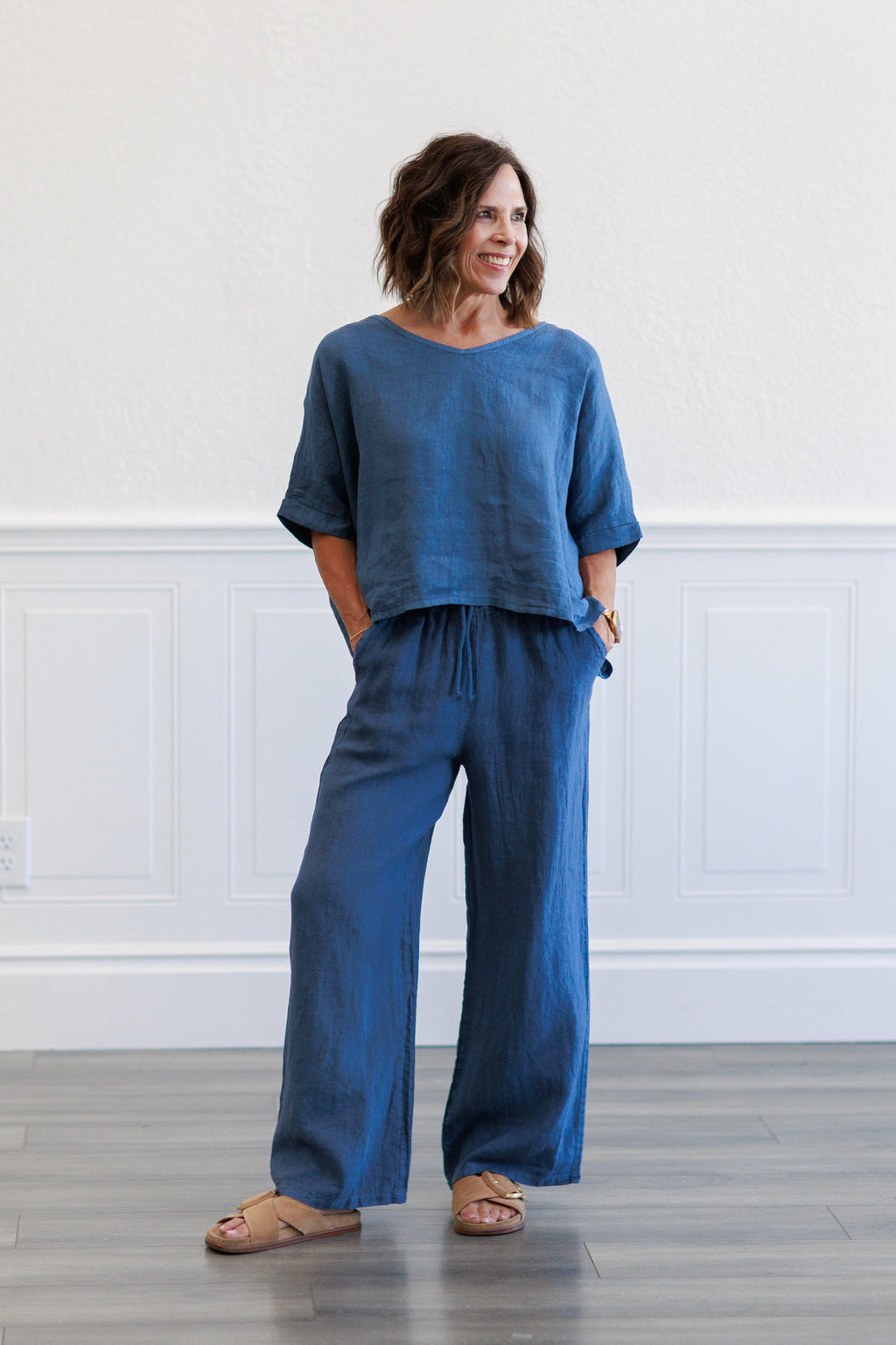 Slate Blue Linen V-Neck Crop Top