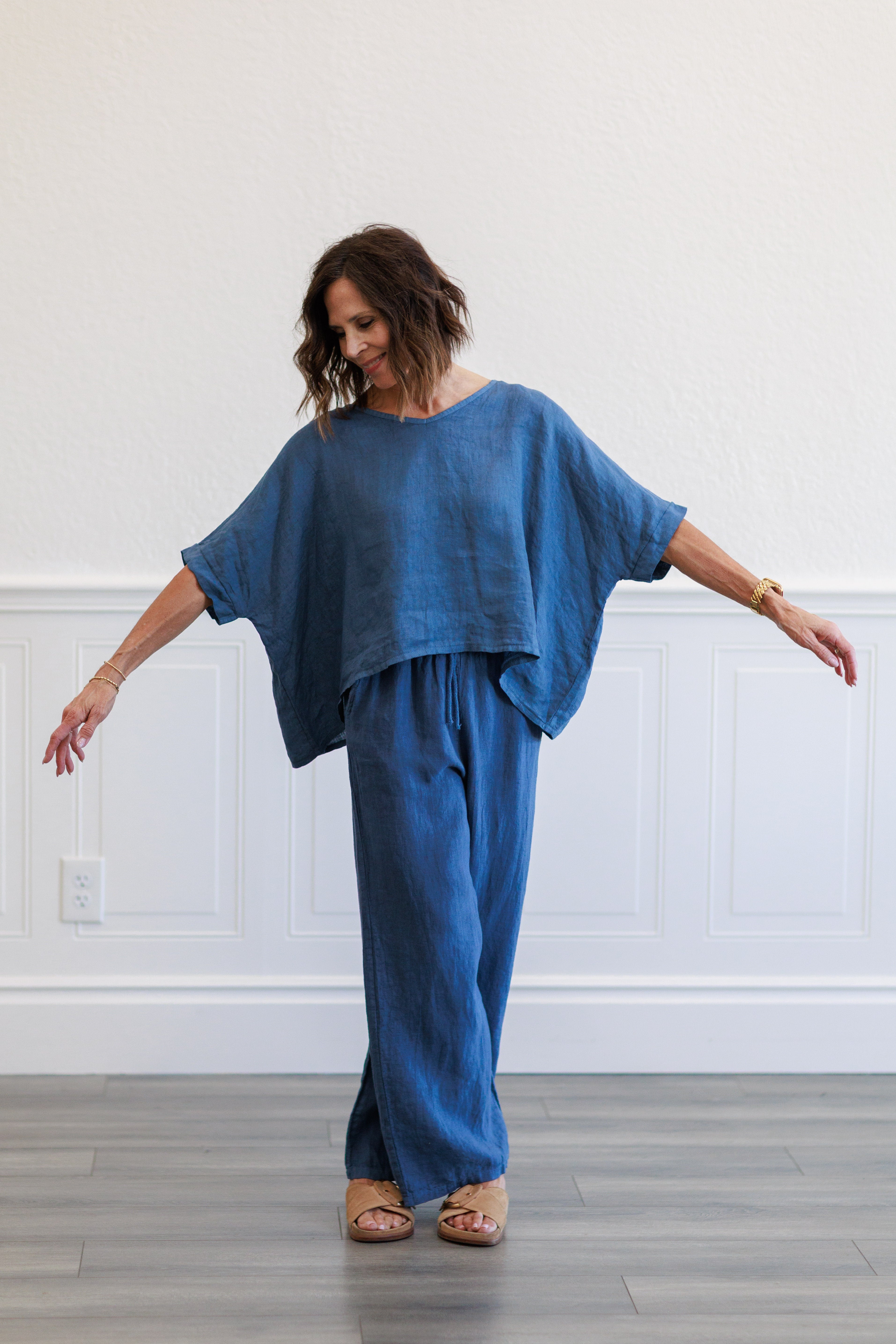 Slate Blue Linen V-Neck Crop Top