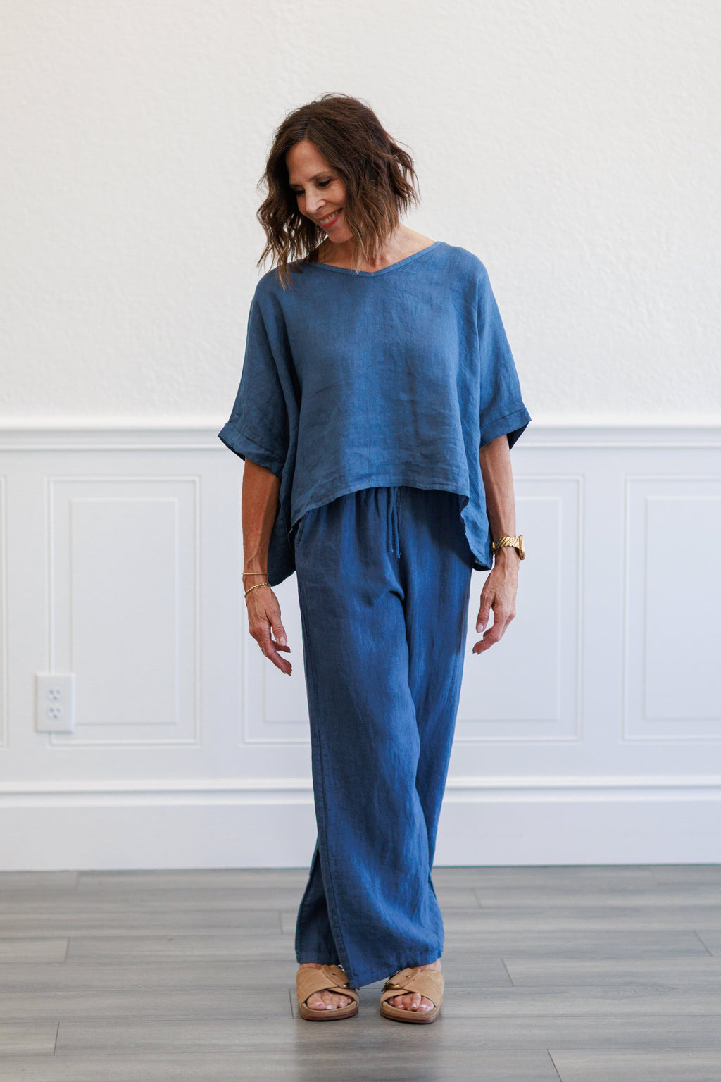 Slate Blue Linen V-Neck Crop Top