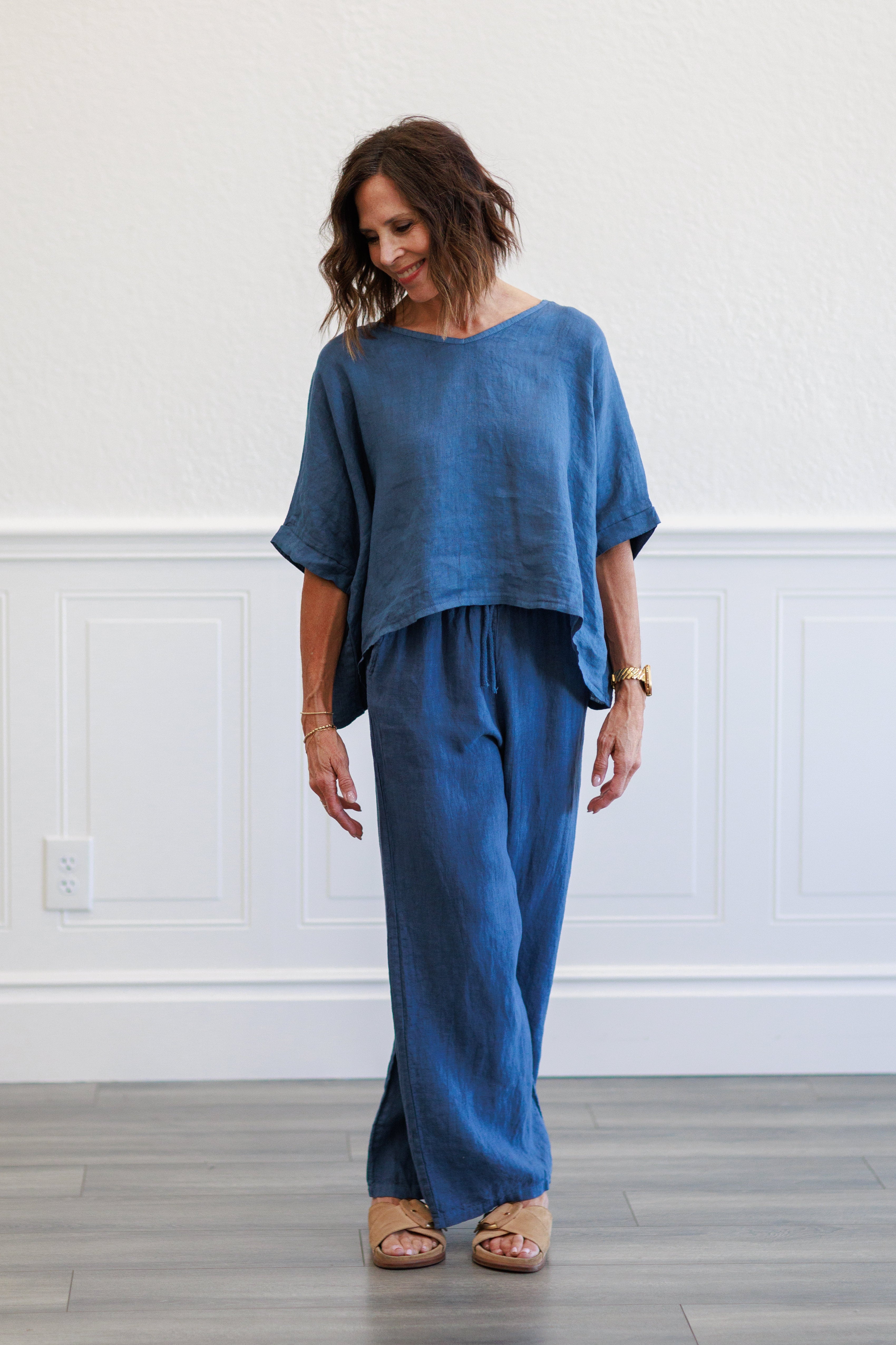 Slate Blue Linen V-Neck Crop Top