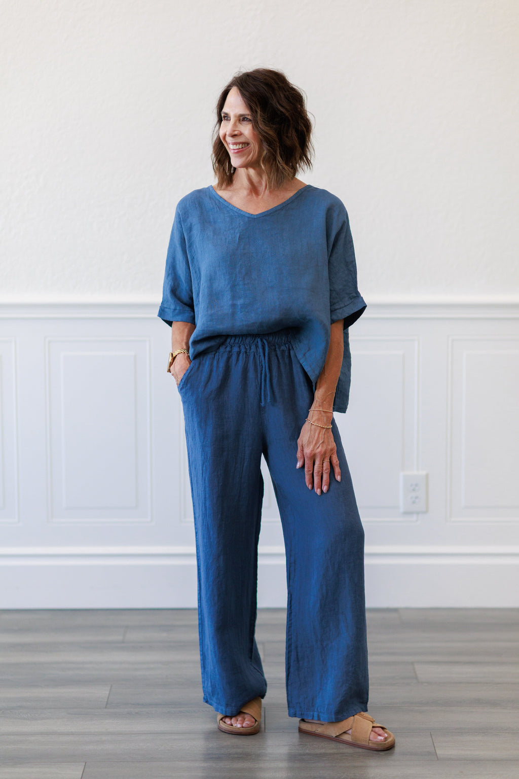 Slate Blue Linen Wide Leg Drawstring Pants