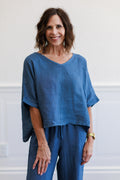 Slate Blue Linen V-Neck Crop Top