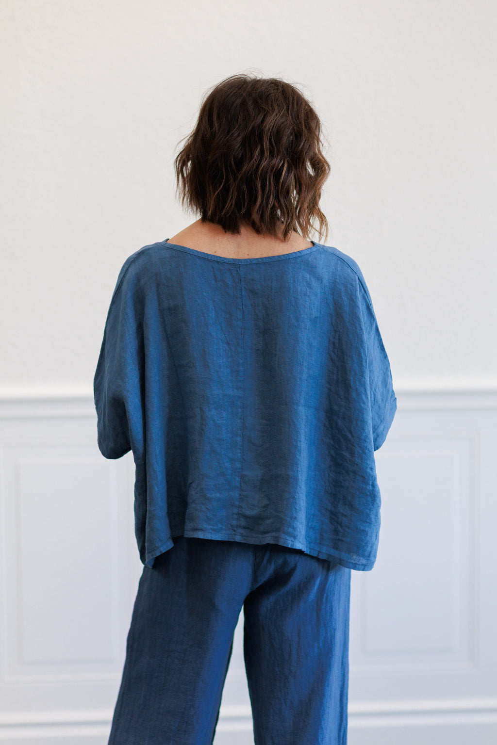 Slate Blue Linen V-Neck Crop Top