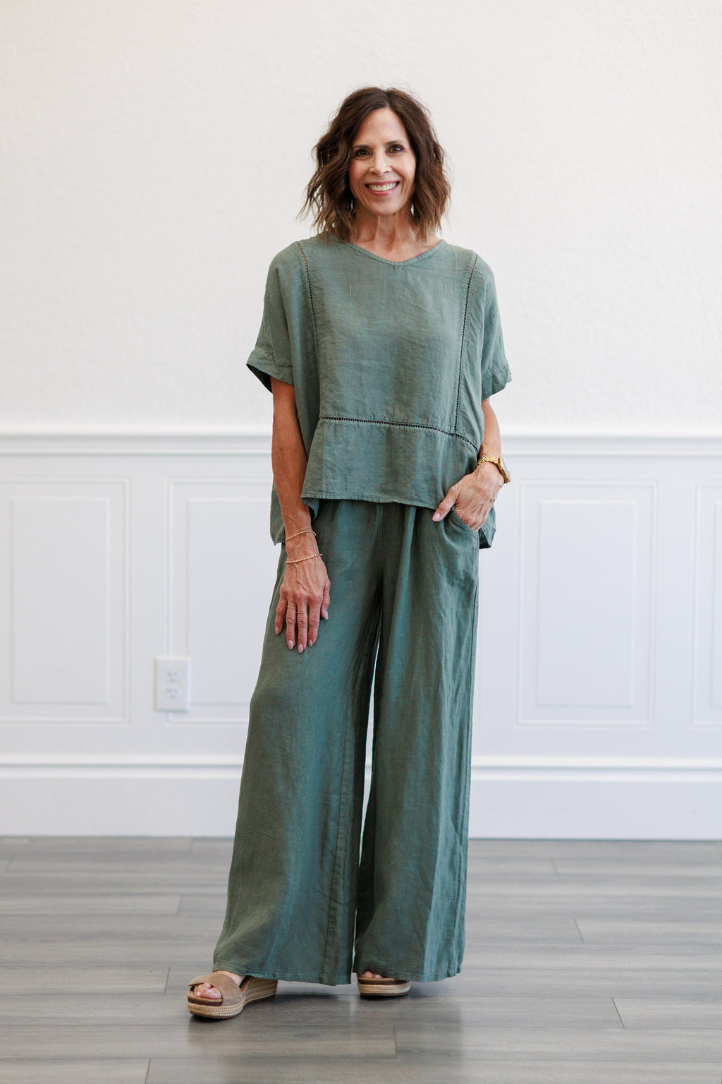 Army Green Wide Leg Italian Linen Pants