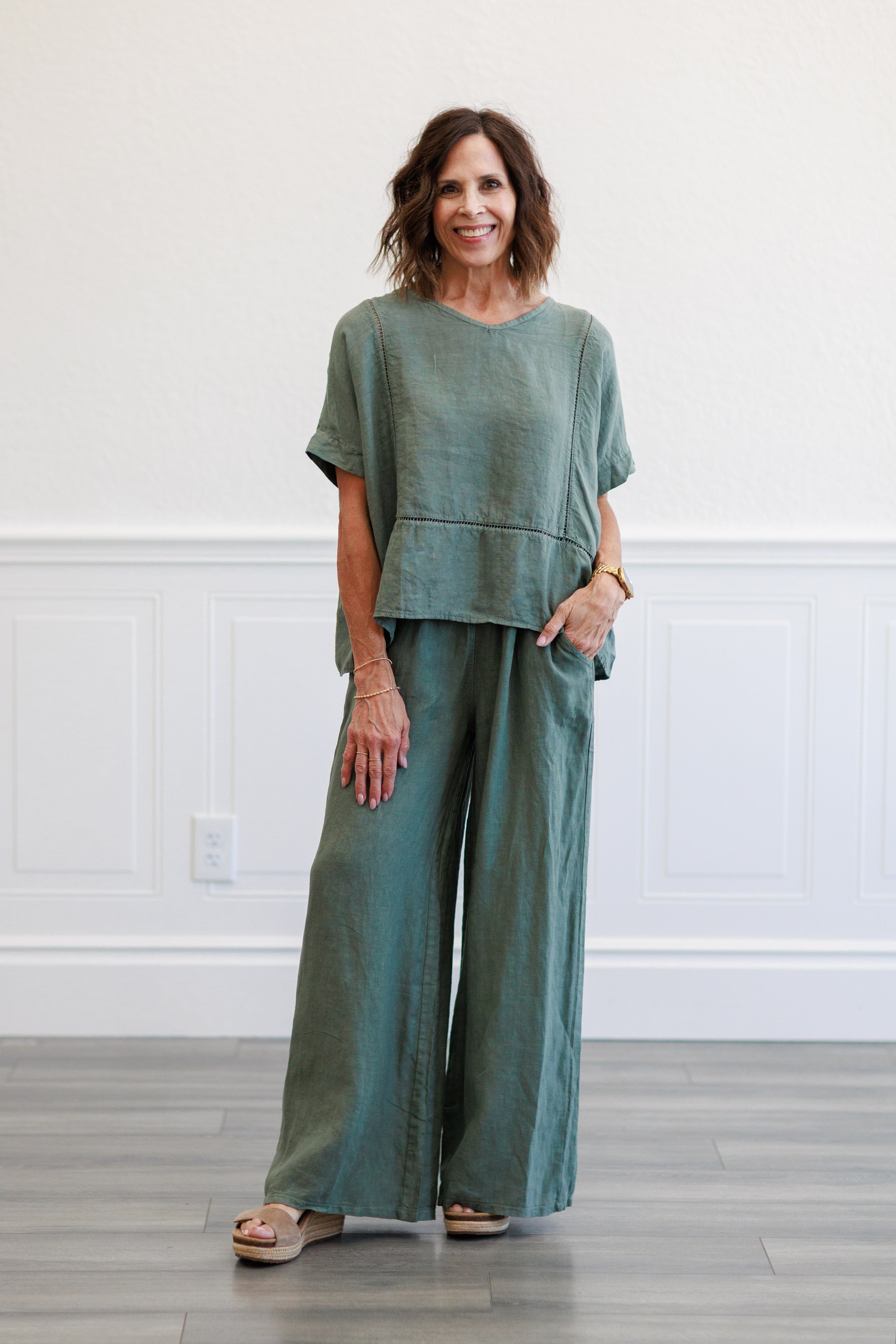 Army Green Wide Leg Italian Linen Pants