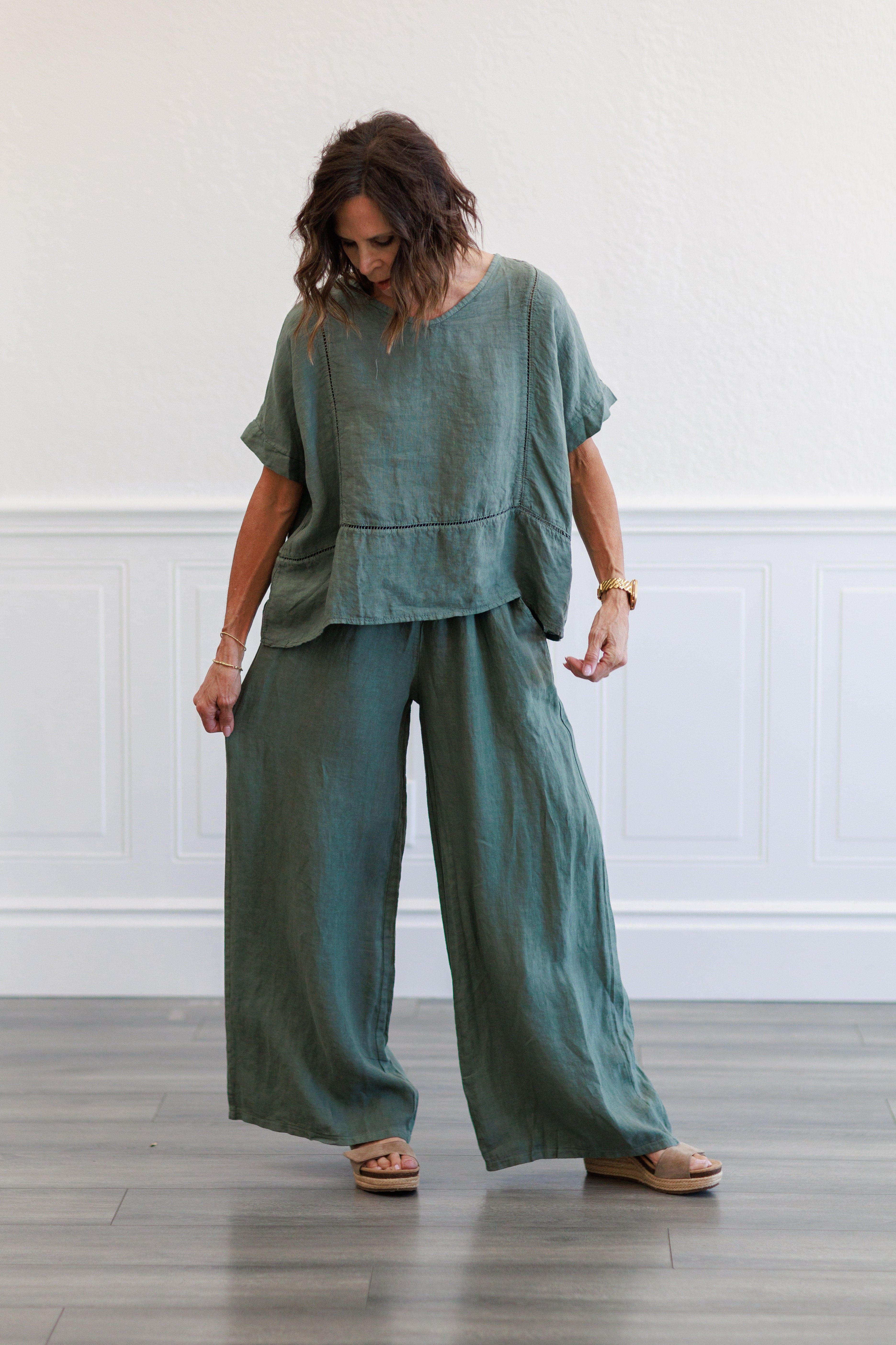 Army Green Wide Leg Italian Linen Pants