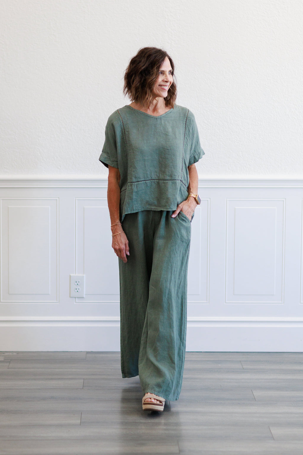 Army Green Wide Leg Italian Linen Pants