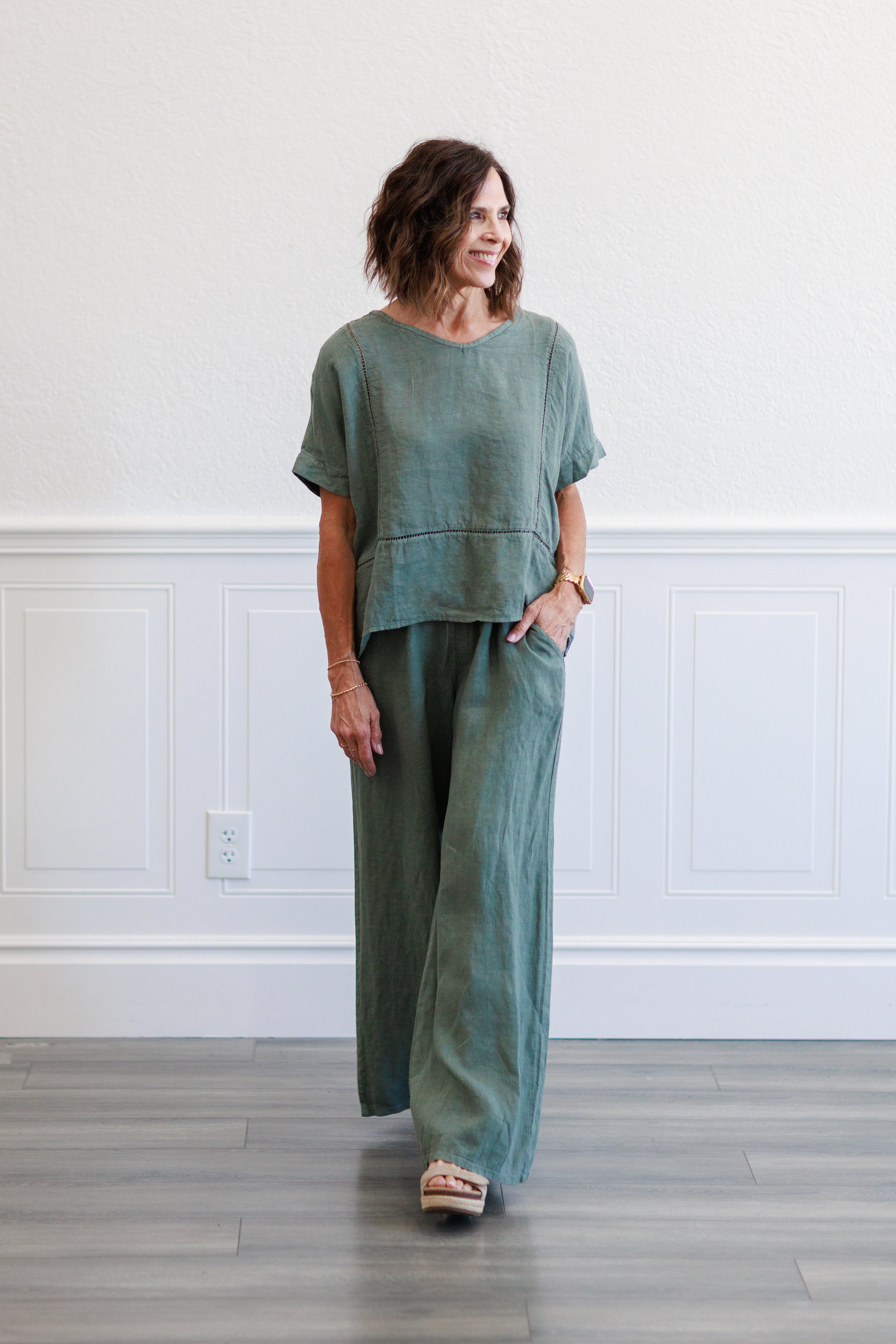 Army Green Wide Leg Italian Linen Pants