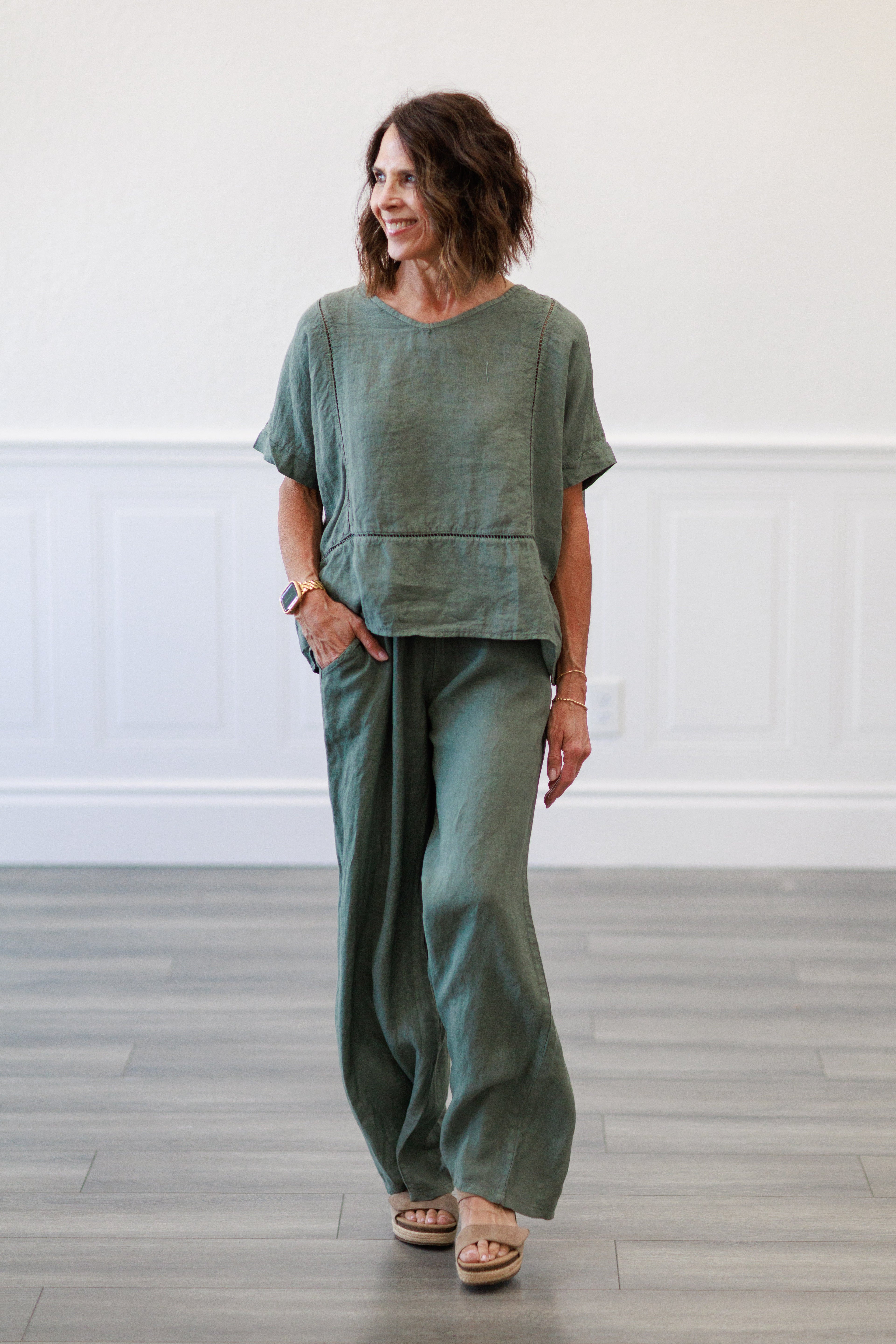 Army Green Linen Ladder Trim V Neck Top