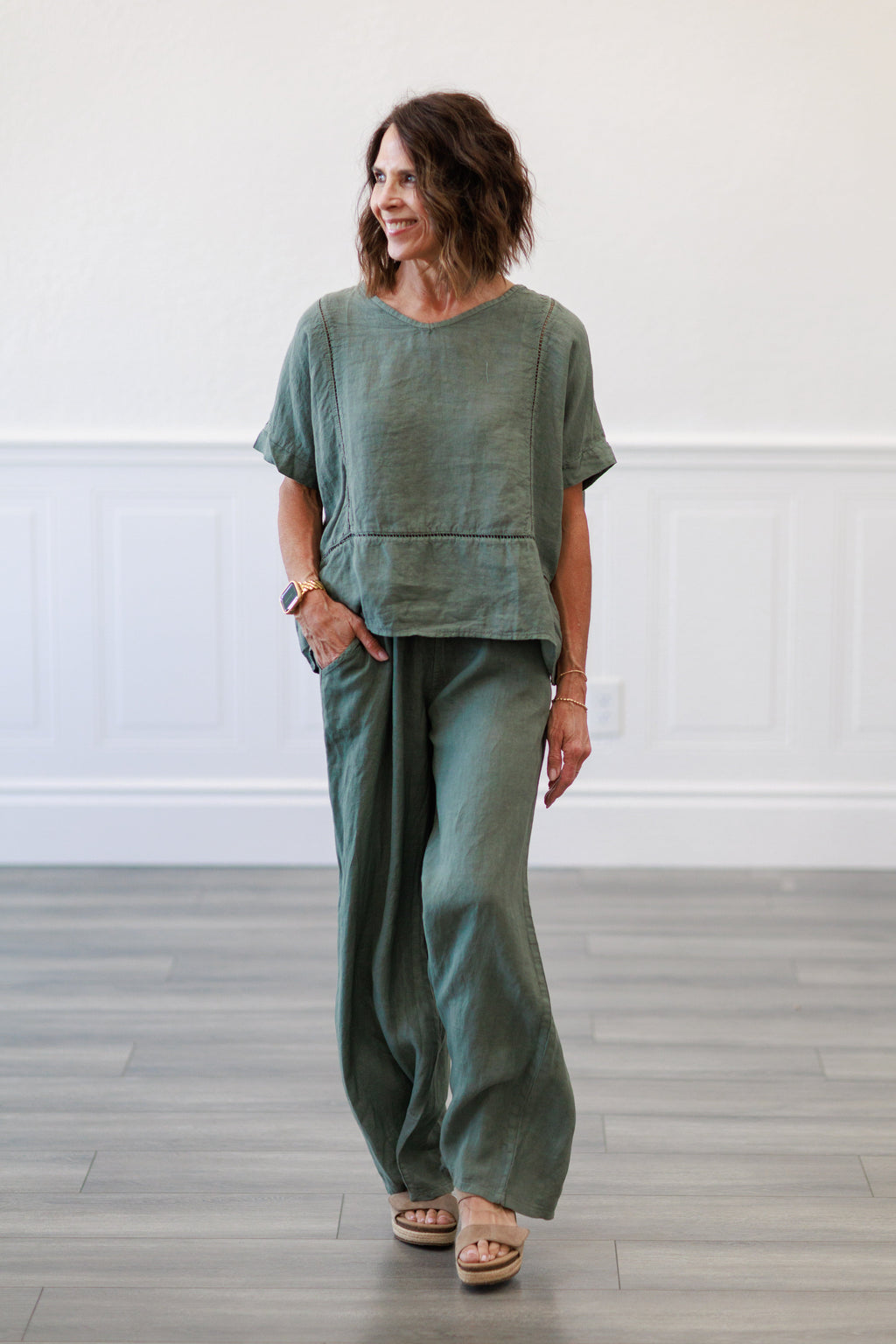 Army Green Wide Leg Italian Linen Pants