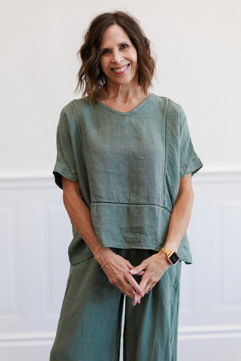 Army Green Linen Ladder Trim V Neck Top