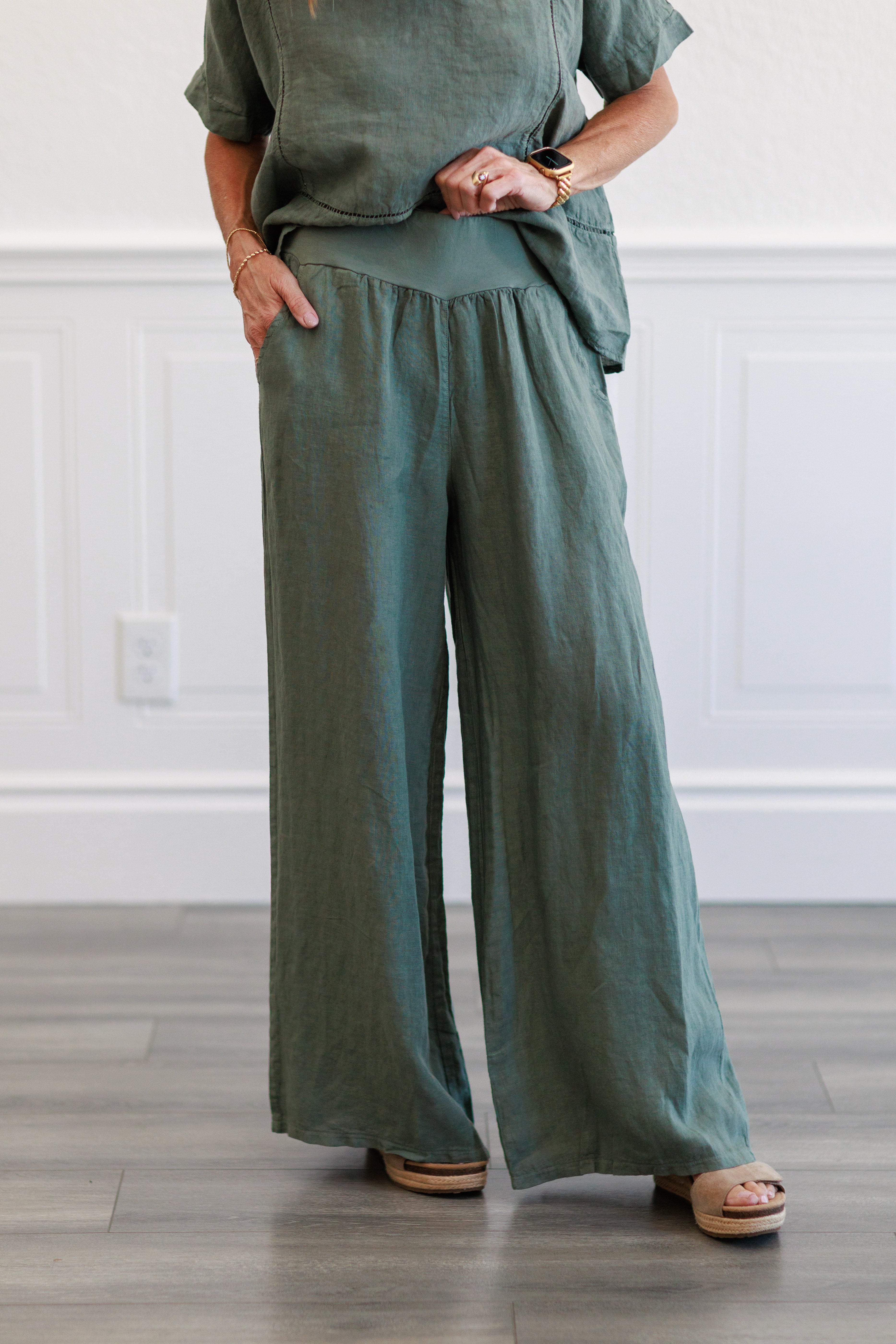 Army Green Wide Leg Italian Linen Pants