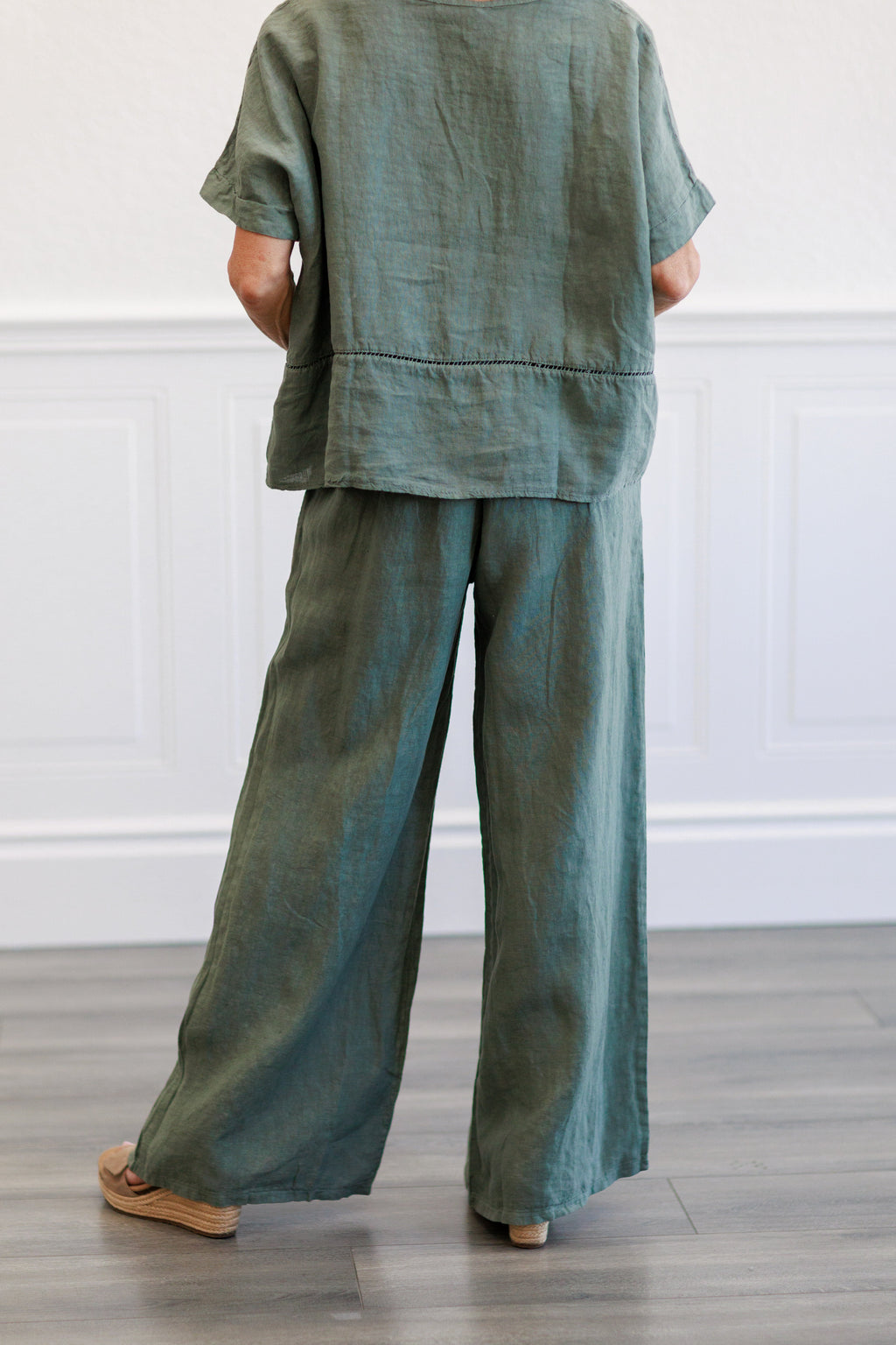 Army Green Wide Leg Italian Linen Pants