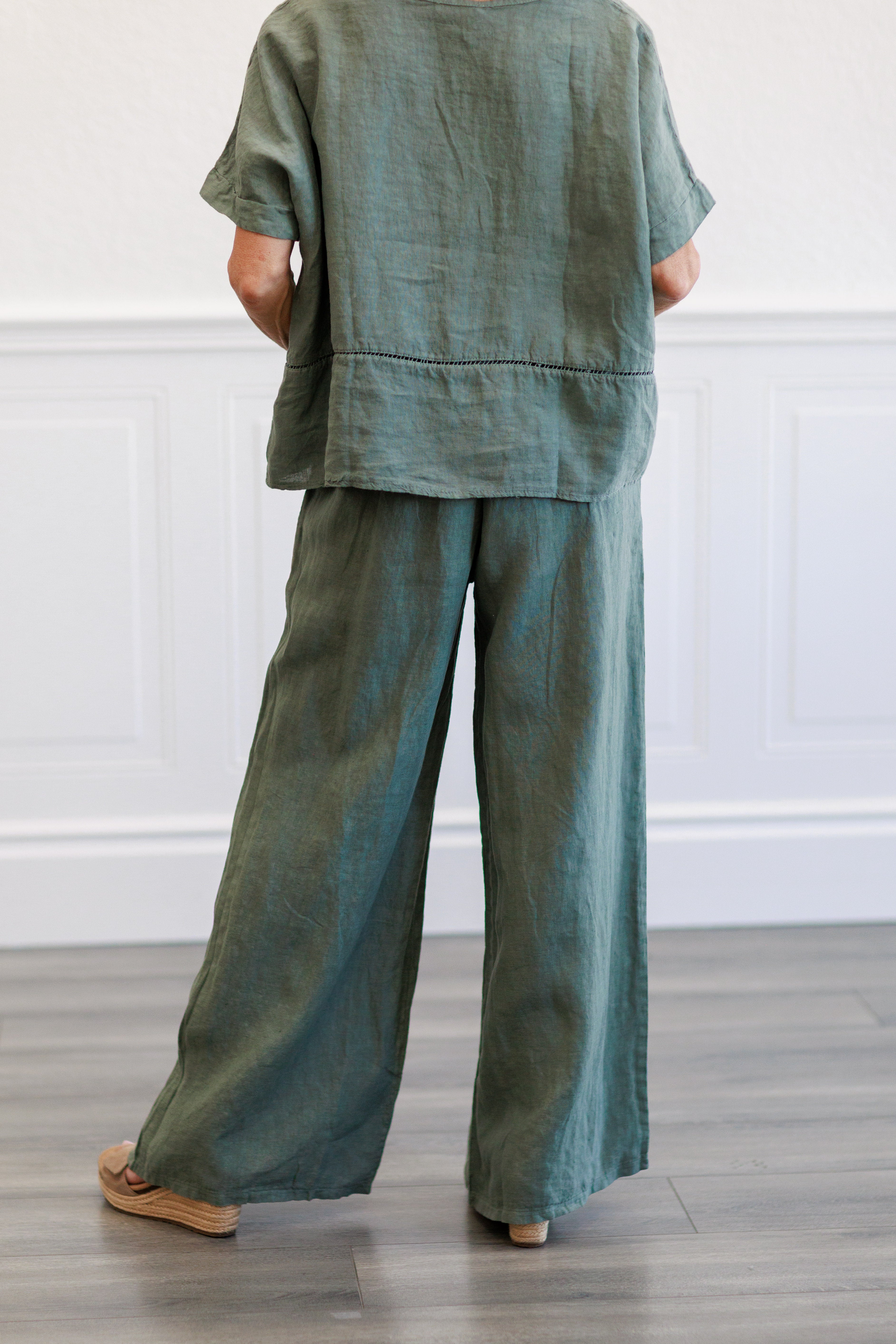 Army Green Wide Leg Italian Linen Pants