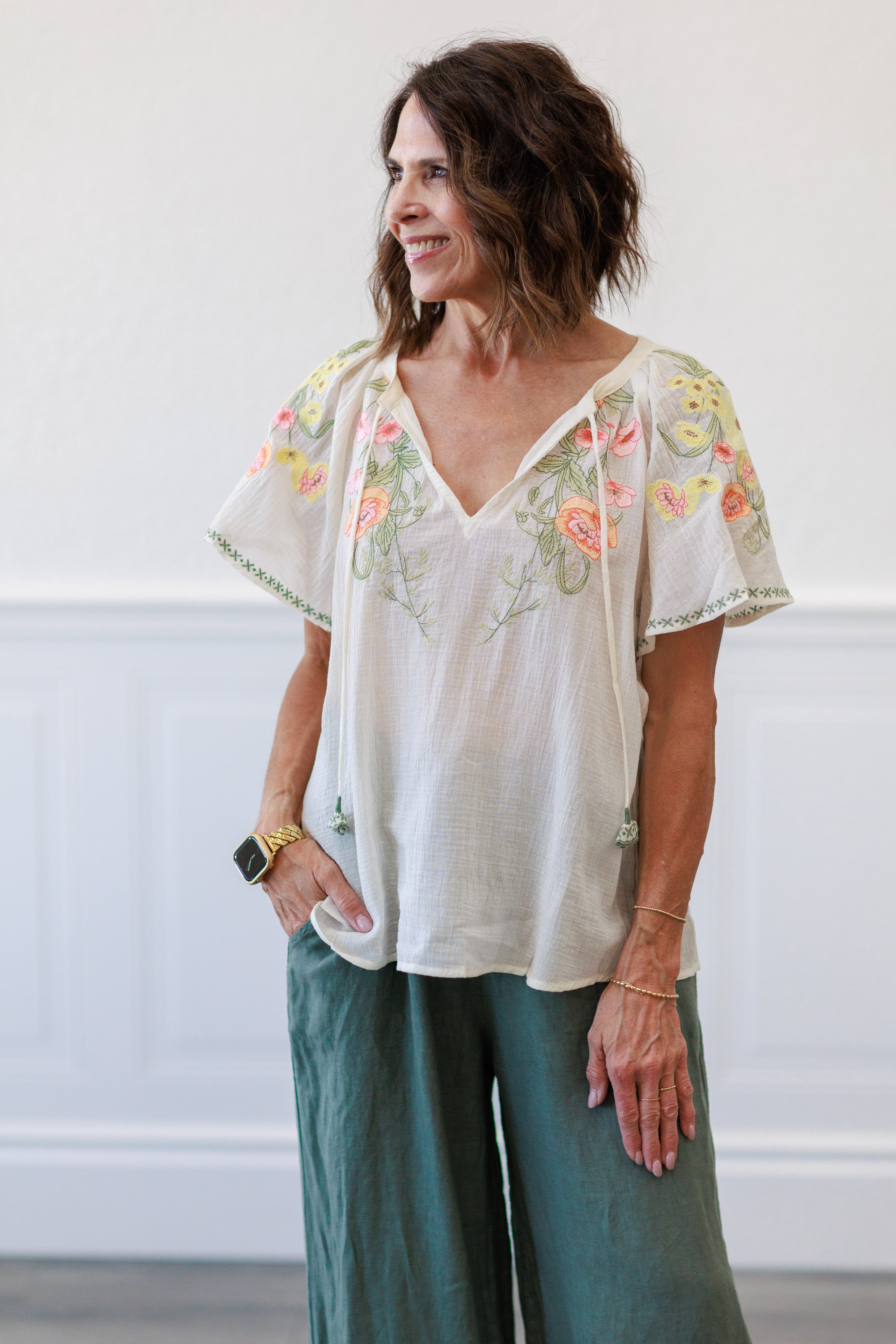 Cream Embroidered Boho Tassel Top